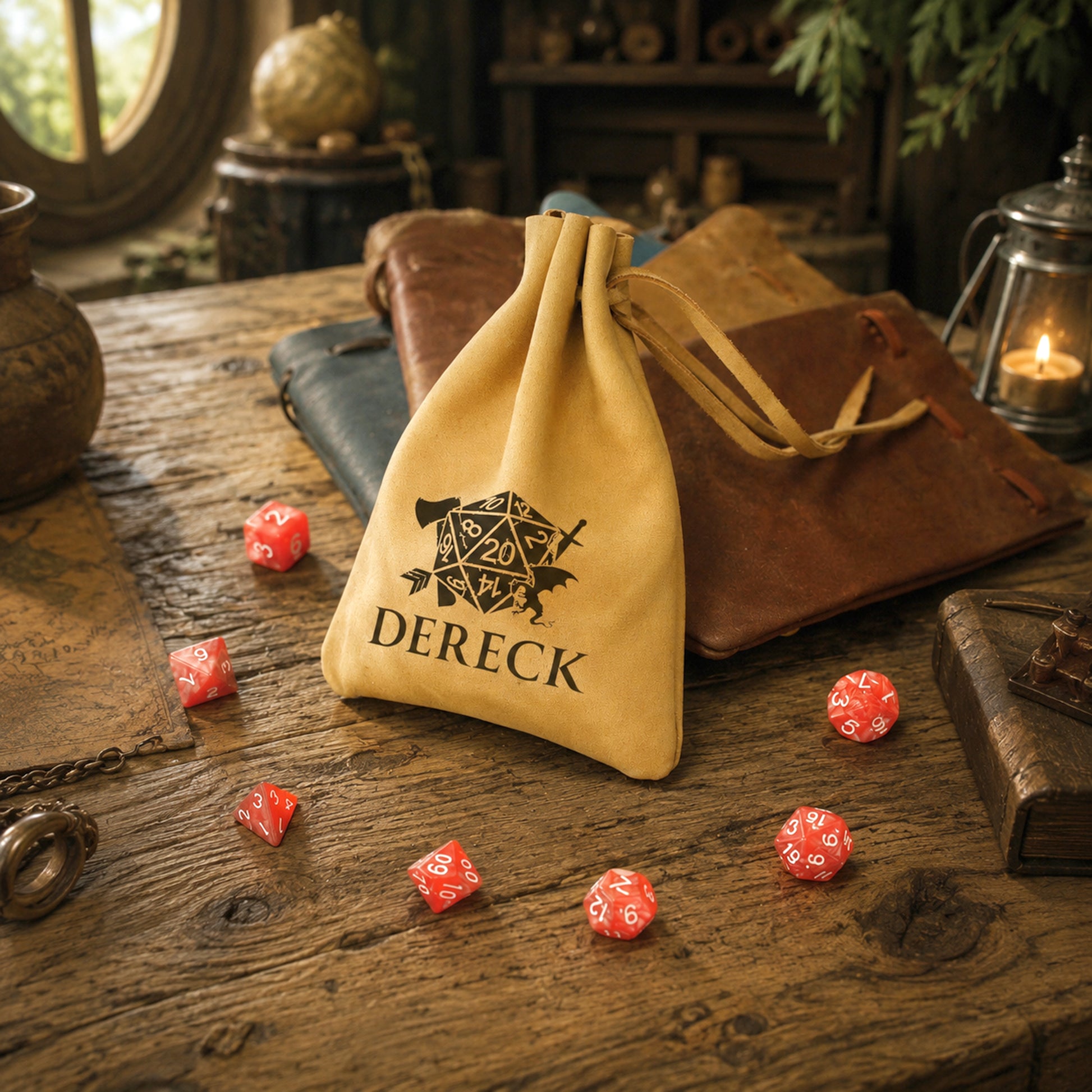 A beige drawstring pouch with a black printed d20 die icon and the word 'DERECK' sits on a rustic wooden table, surrounded by red polyhedral dice, old books, and a lantern in a dimly lit room.