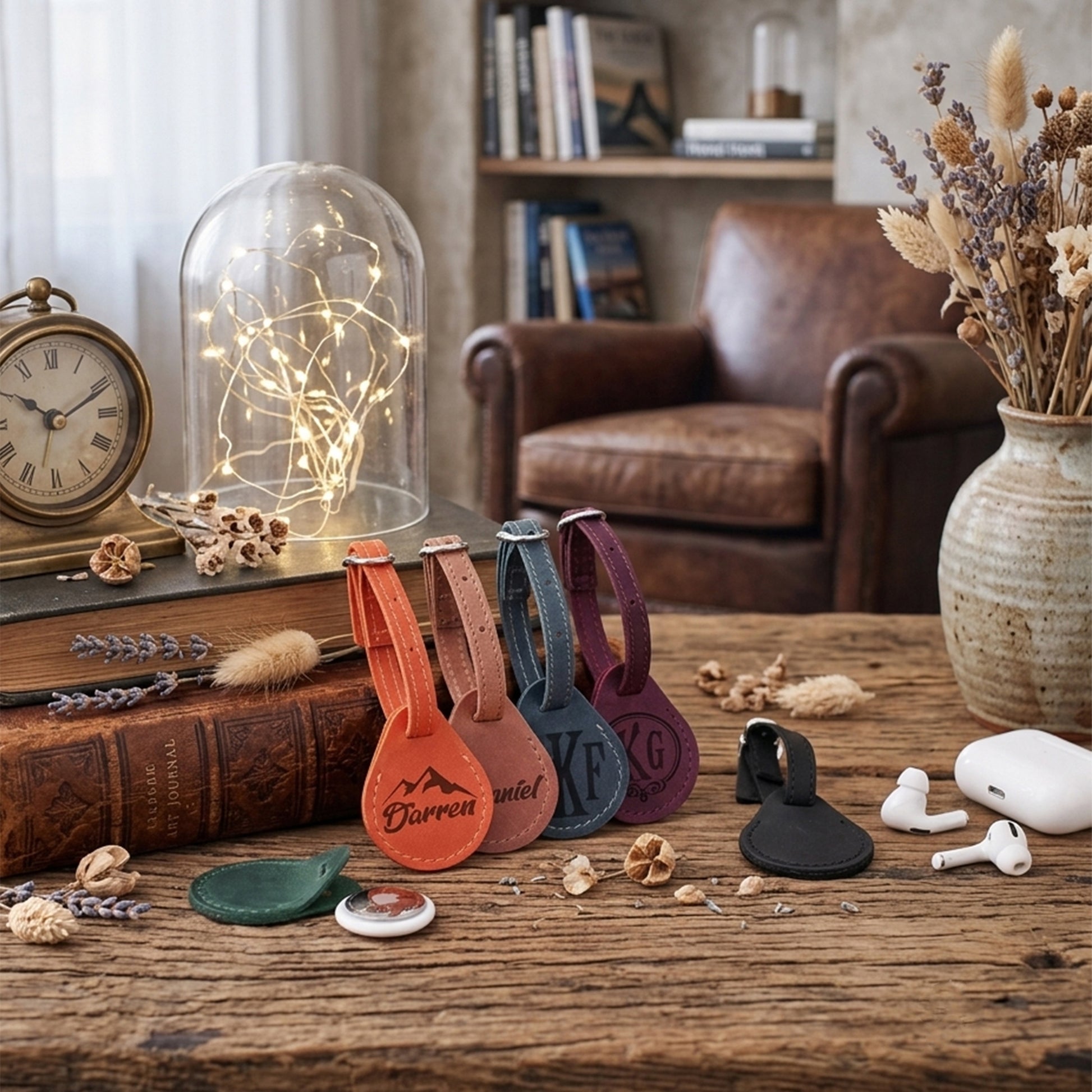 A styled tabletop scene in a cozy living room setting showing several small leather keychain or luggage tags in orange, brown, blue-gray, purple, and black, alongside a black pouch, white earbuds case, and white wireless earbuds. Books, a clock, a glass dome with fairy lights, and dried flowers are arranged around them.