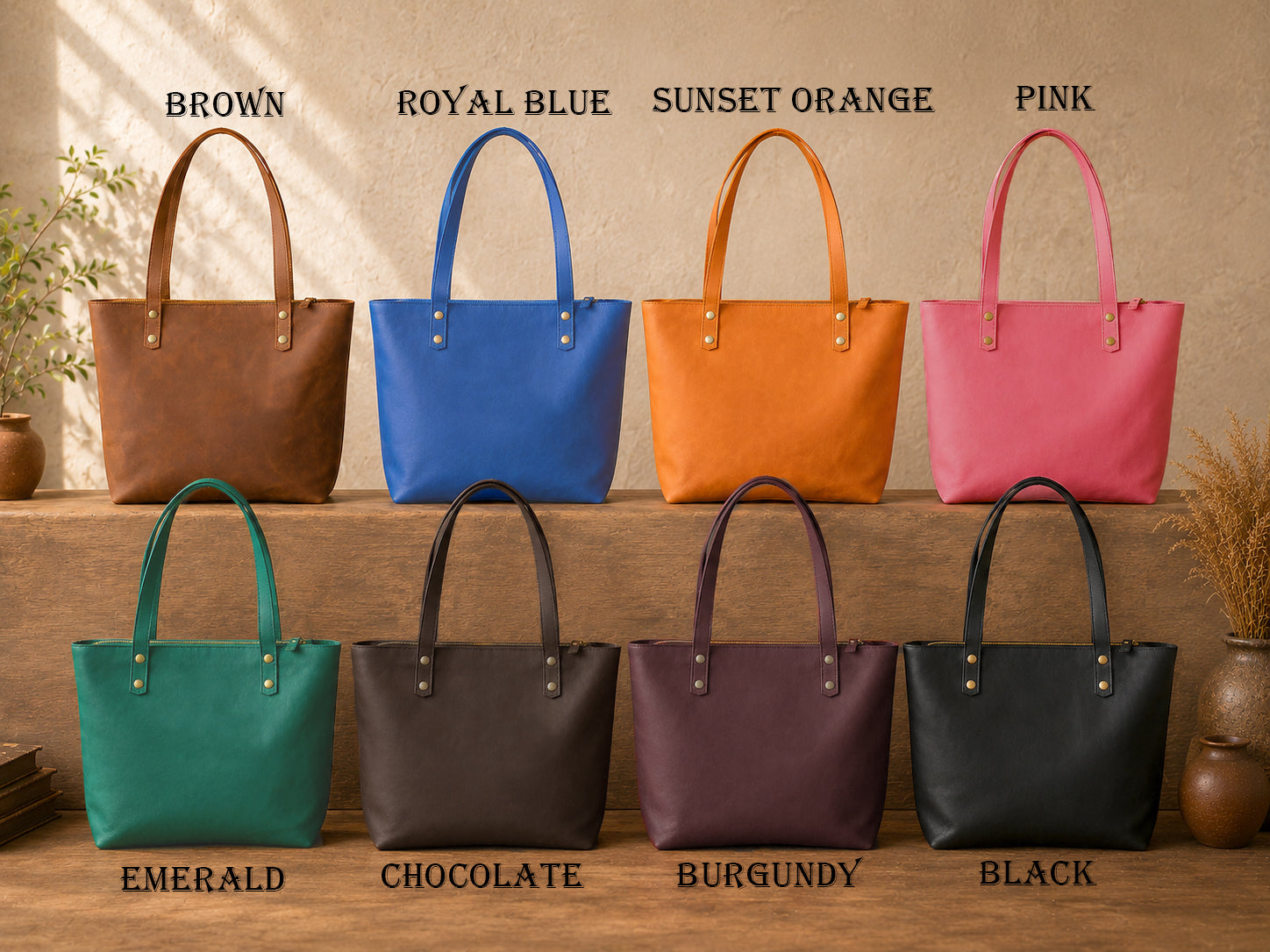 Collection of colorful handbags on a wooden surface with color labels above each.