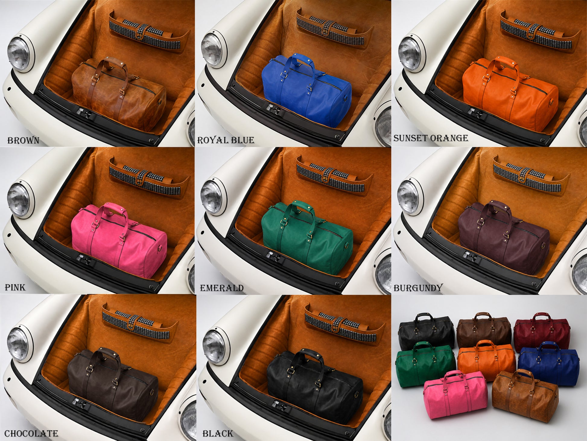 Collection of suitcases in various colors arranged in a grid inside a vehicle.