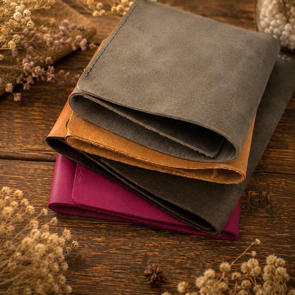 A stack of folded leather wallets in dark gray, tan, and magenta, arranged on a rustic wooden surface with dried flowers.