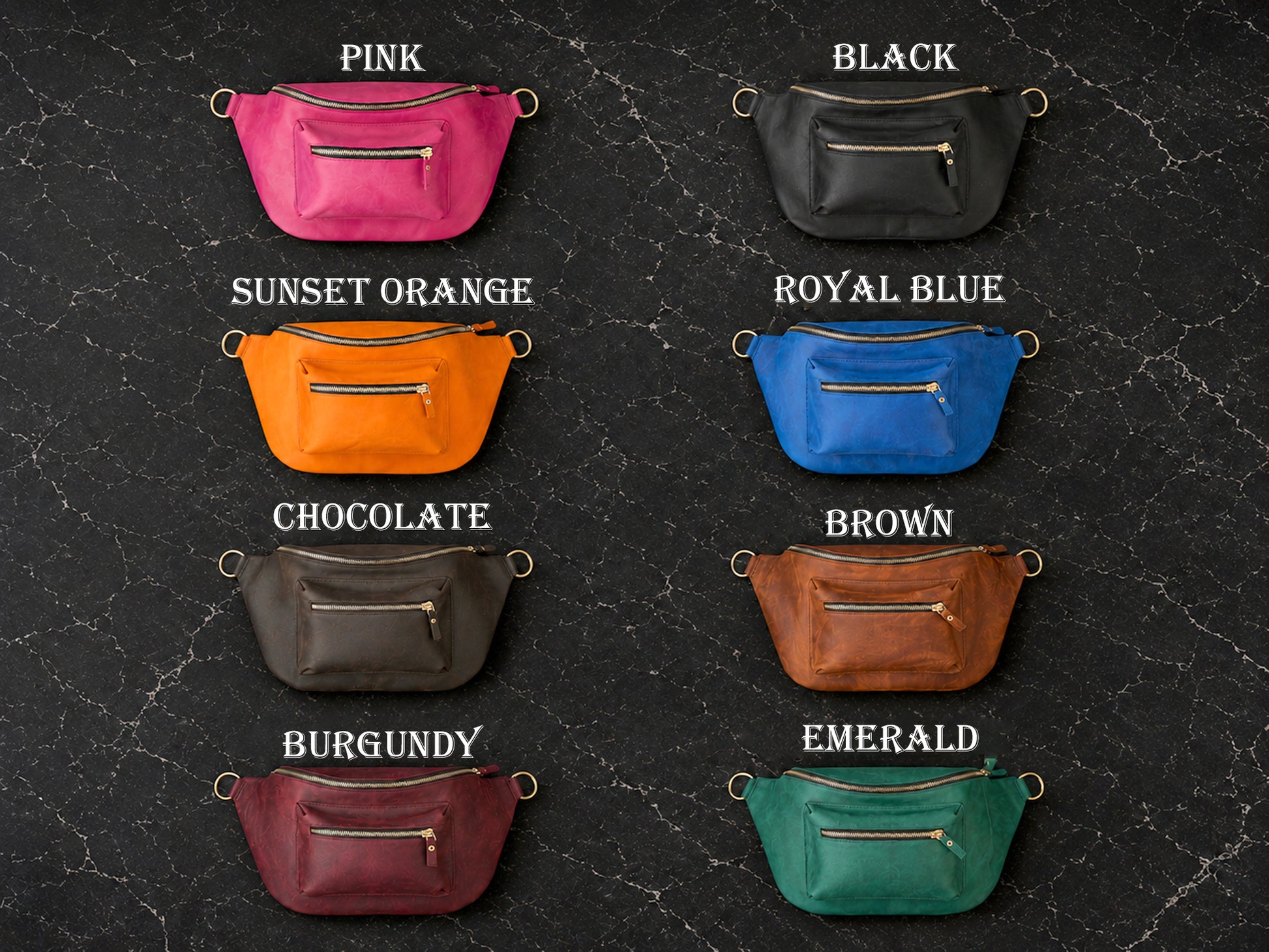 Collection of crossbody packs in various colors on a textured black background