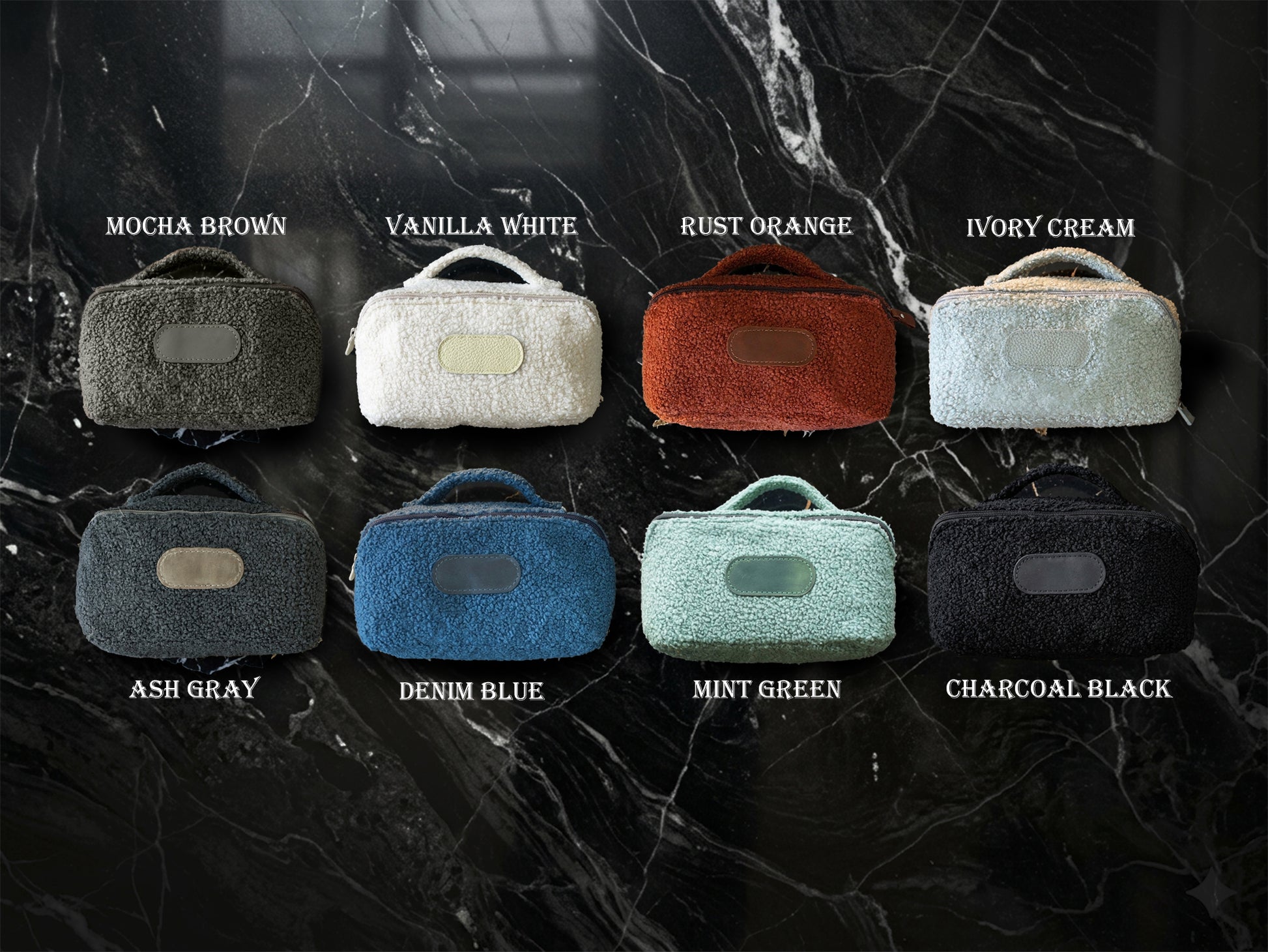 Set of small bags in various colors on a dark marble background
