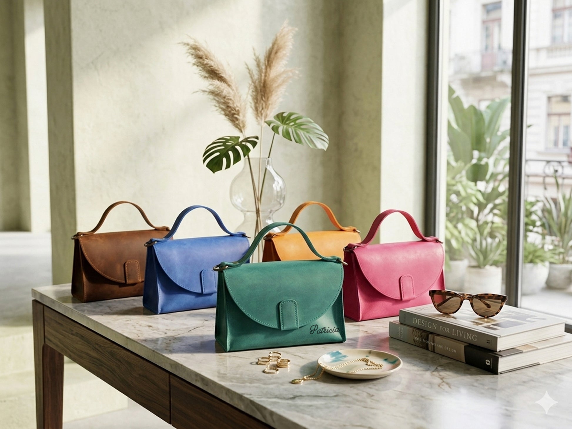 Leather handbag with custom monogram, structured crossbody design