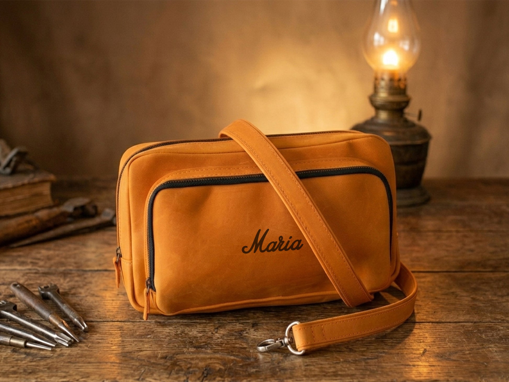 Natural leather crossbody bag with warm patina, artisan craftsmanship