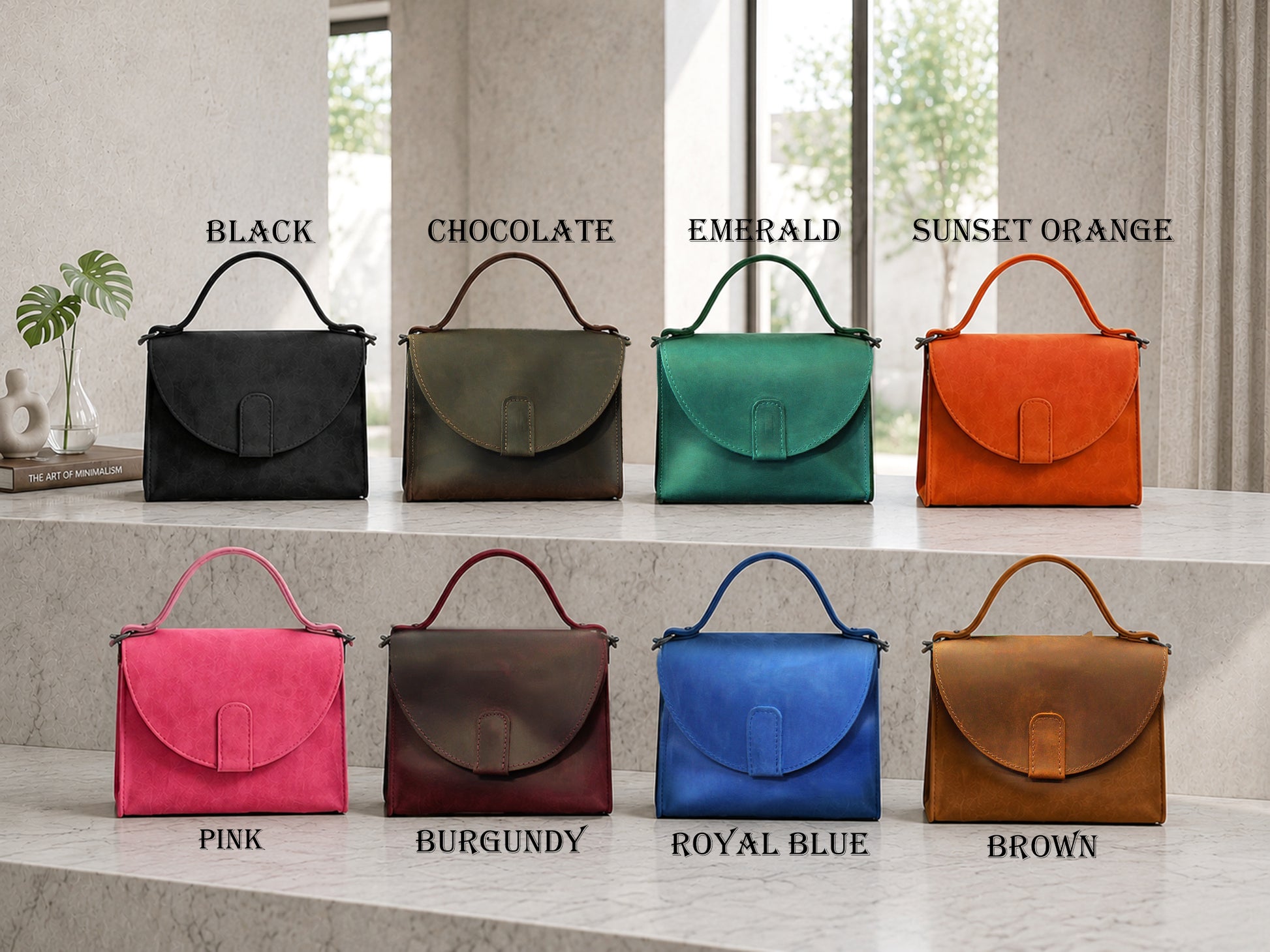 Collection of handbags in various colors on a neutral background
