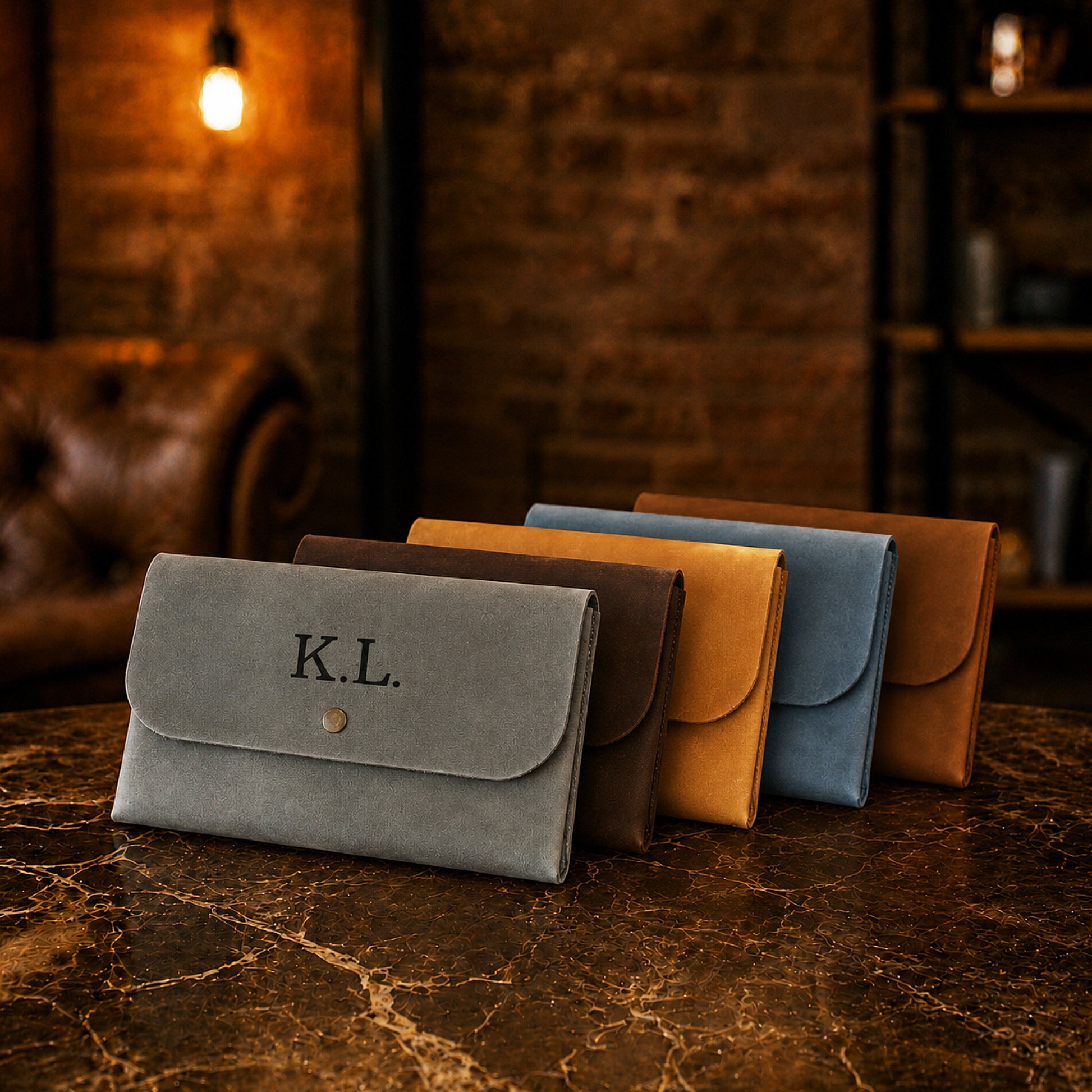 Natural leather clutch with warm patina, artisan craftsmanship
