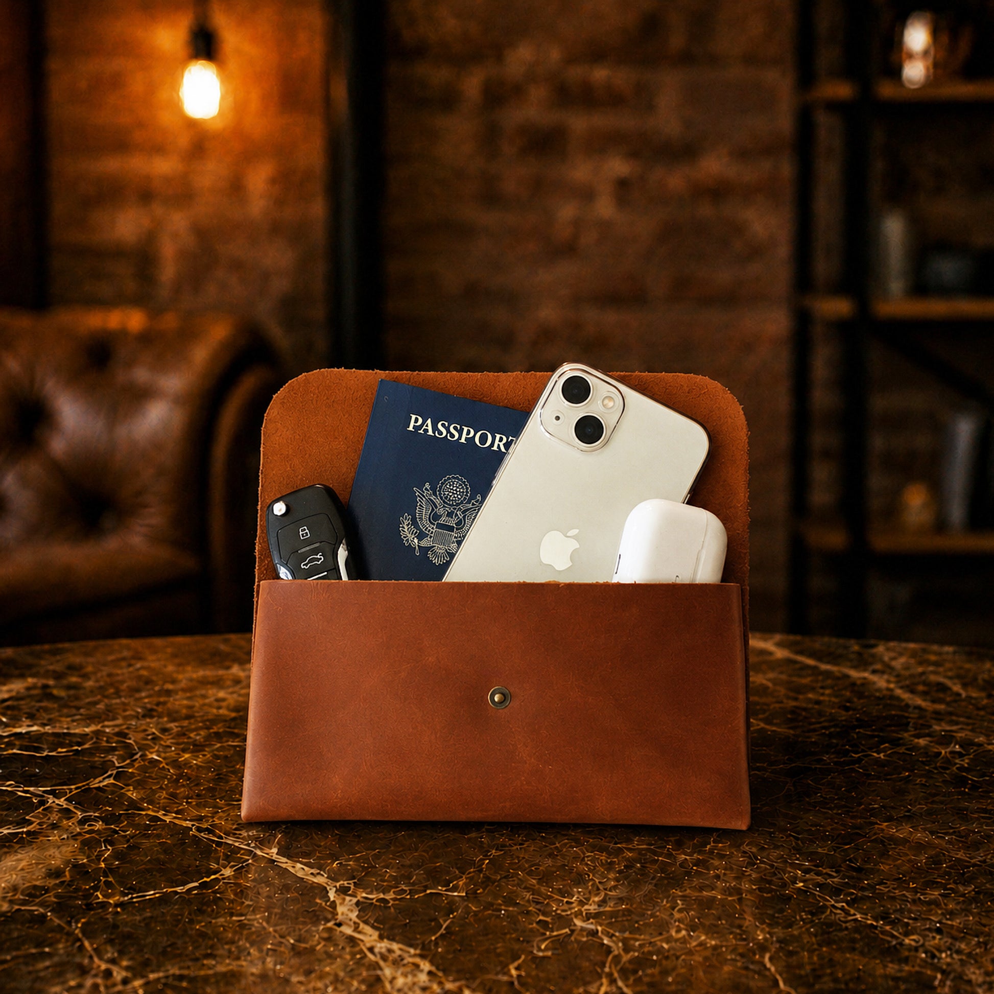 Leather clutch interior pockets detail, minimalist travel organizer