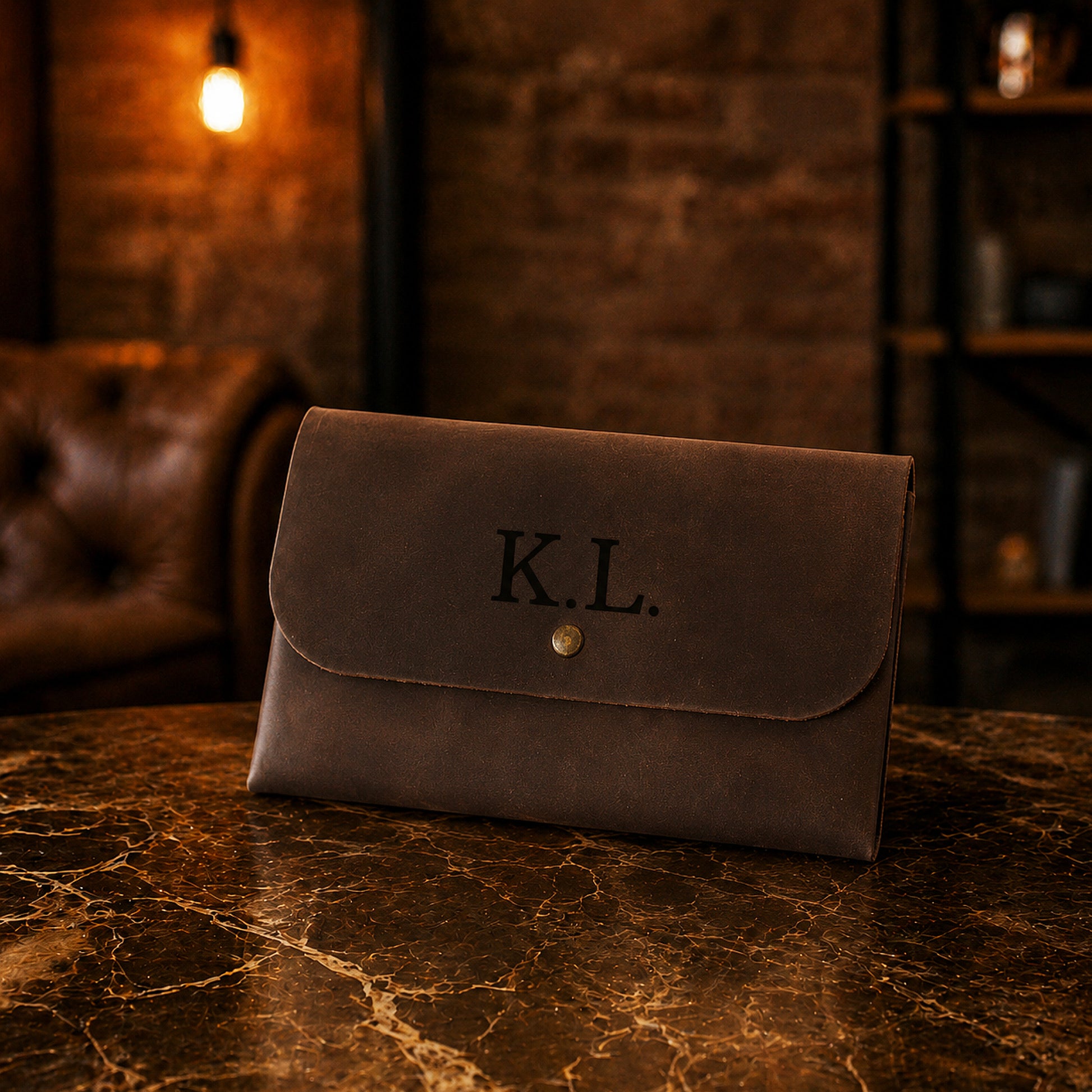 Brown leather clutch with custom monogram engraving, front view