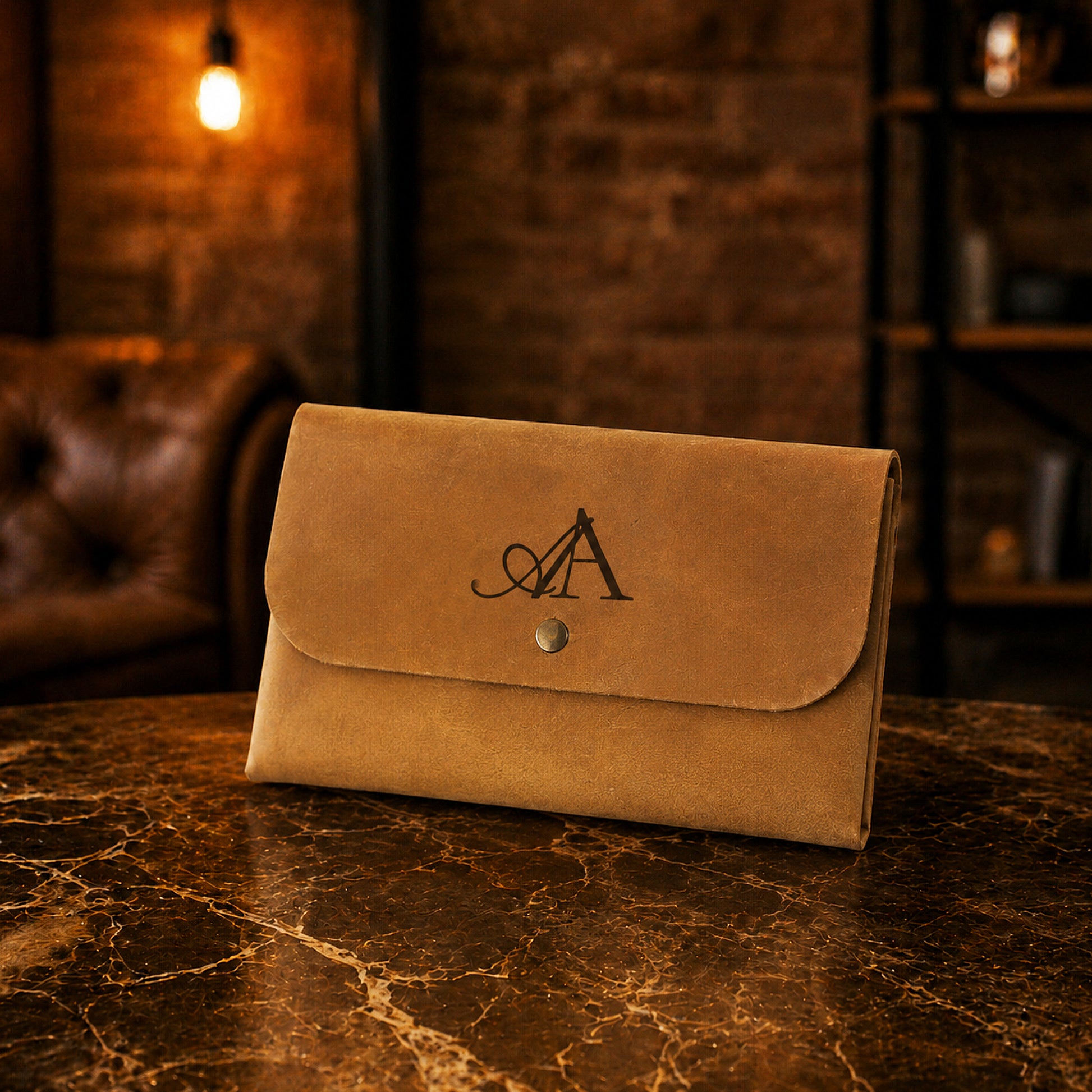 Close-up of leather clutch closure and hardware detail