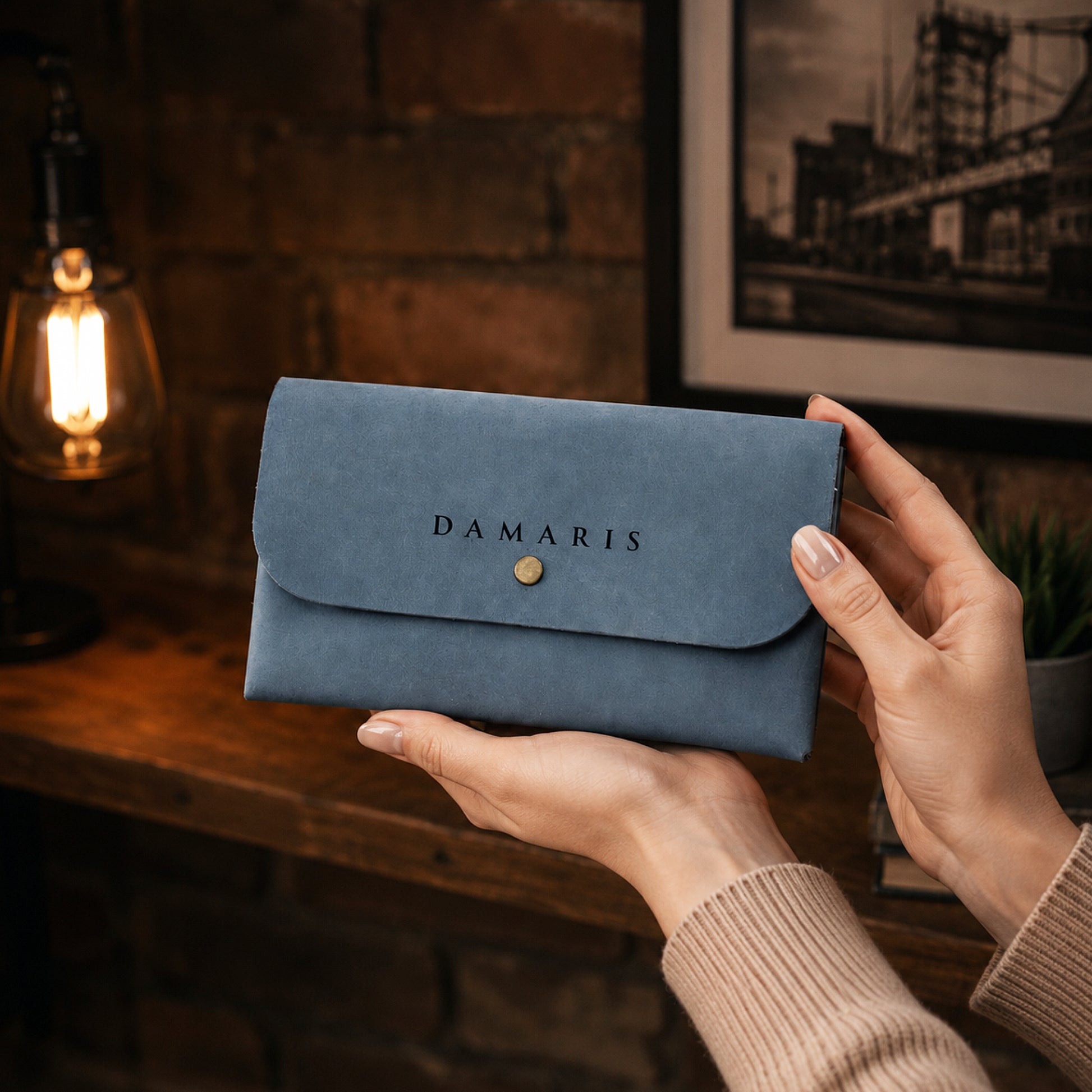 Leather clutch with custom monogram, minimalist daily organizer