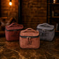 Leather toiletry bag interior pockets, compact travel organizer detail