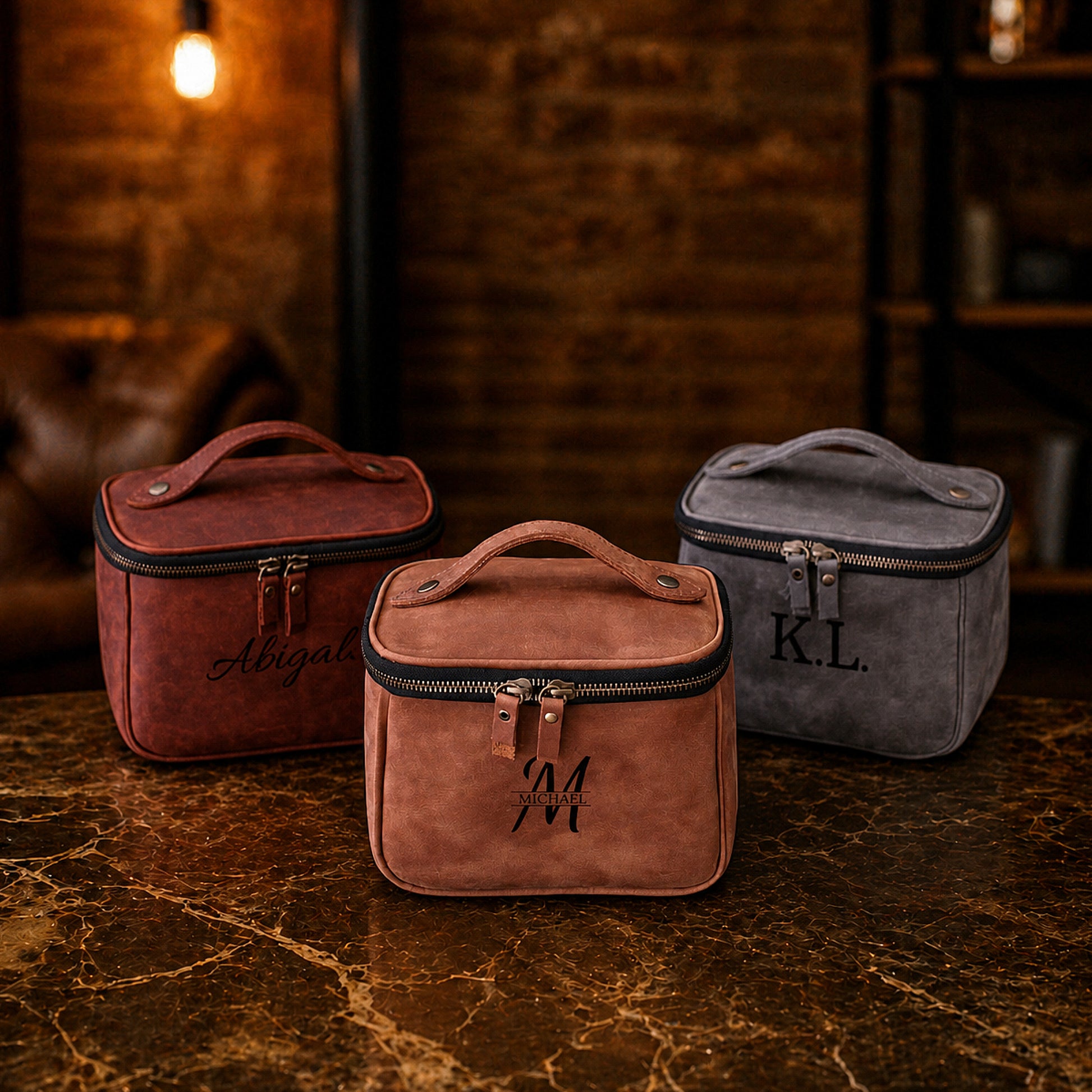 Leather toiletry bag interior pockets, compact travel organizer detail