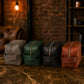 Brown leather small dopp kit with custom monogram engraving, front view