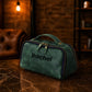 Leather toiletry bag interior pockets detail, organized travel organizer
