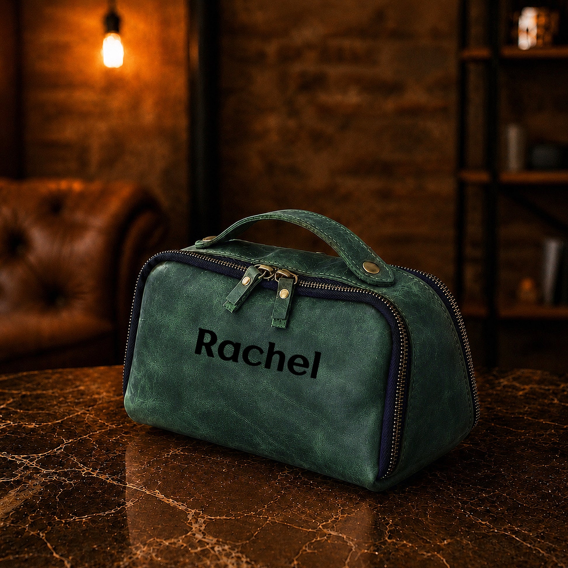 Leather toiletry bag interior pockets detail, organized travel organizer