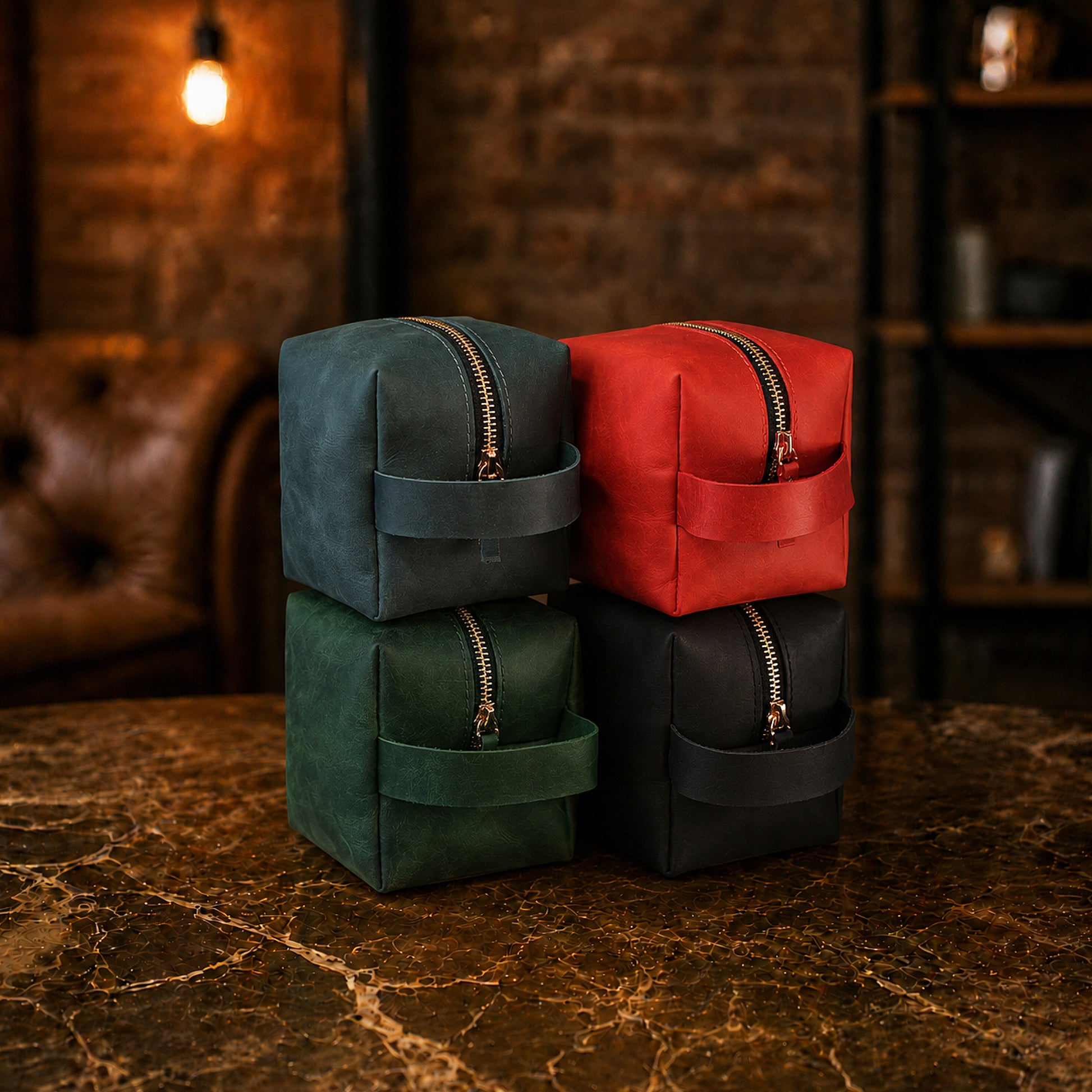 Minimalist leather travel toiletry pouch with cube design, handcrafted