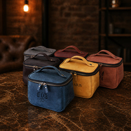 Leather toiletry bag with custom monogram, compact vertical organizer
