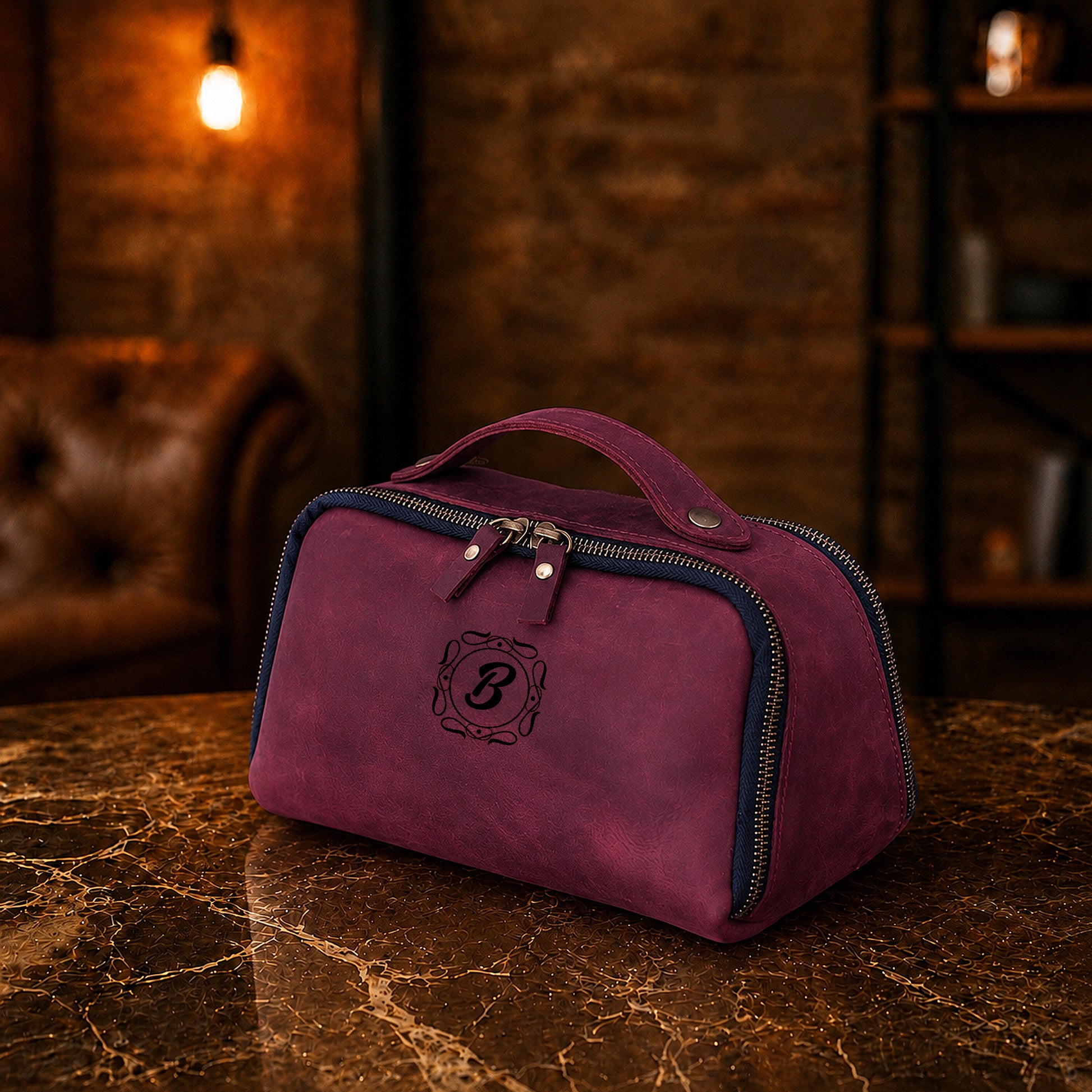 Leather dopp kit with custom stamp, premium brown leather