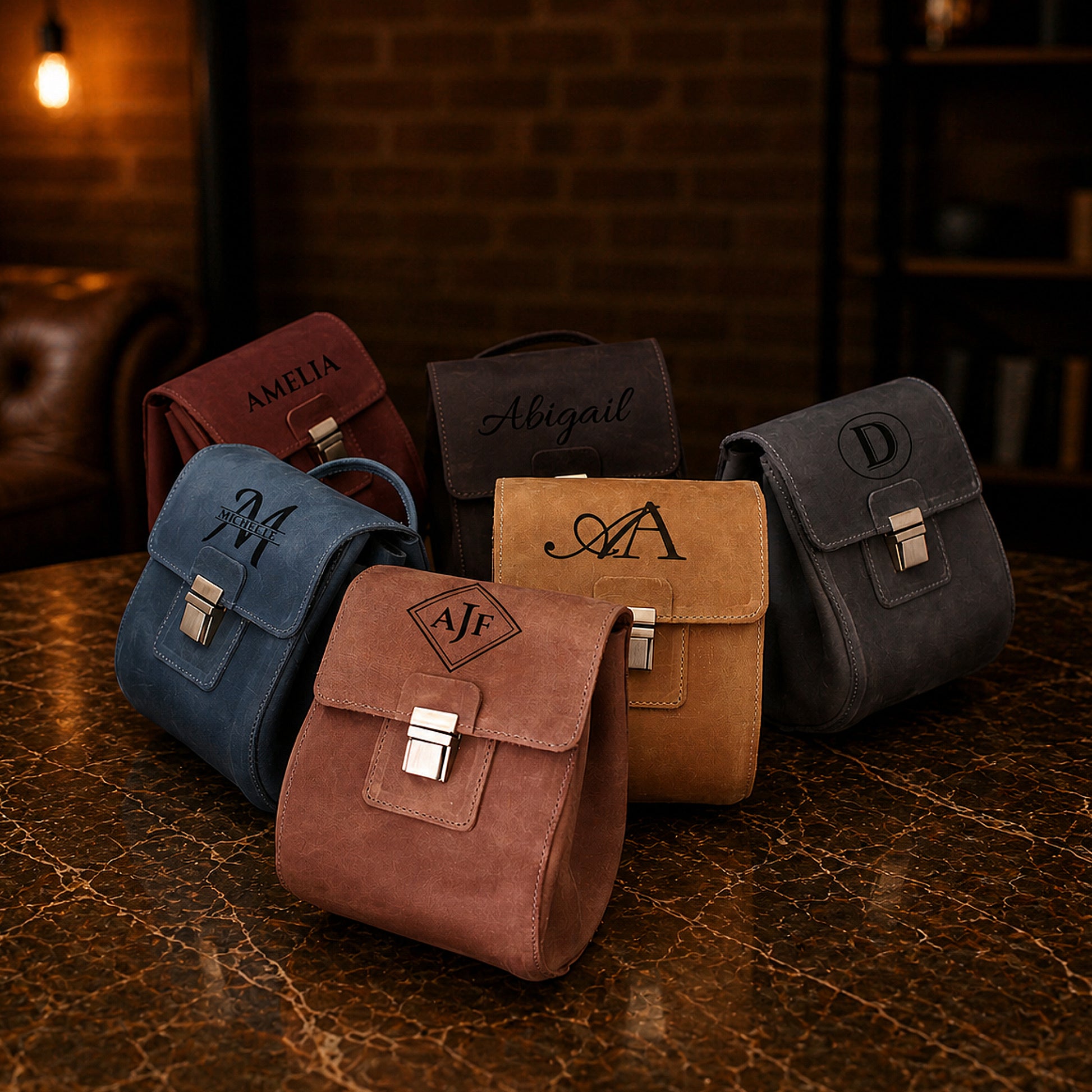 Personalized leather cosmetic bag with initials, premium finish