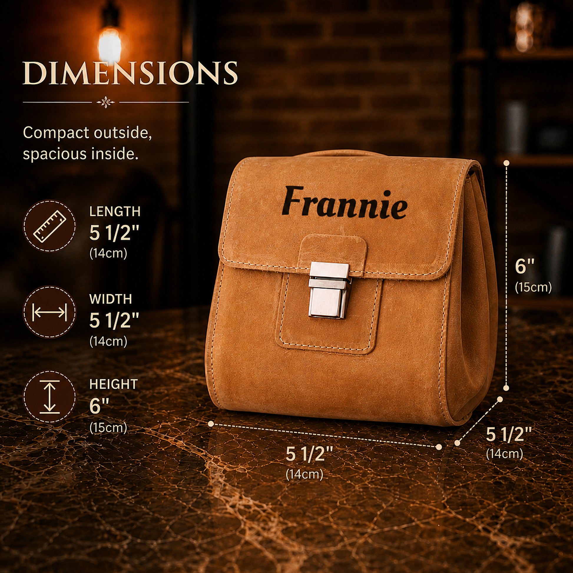 Leather dopp kit in use, lifestyle editorial photo