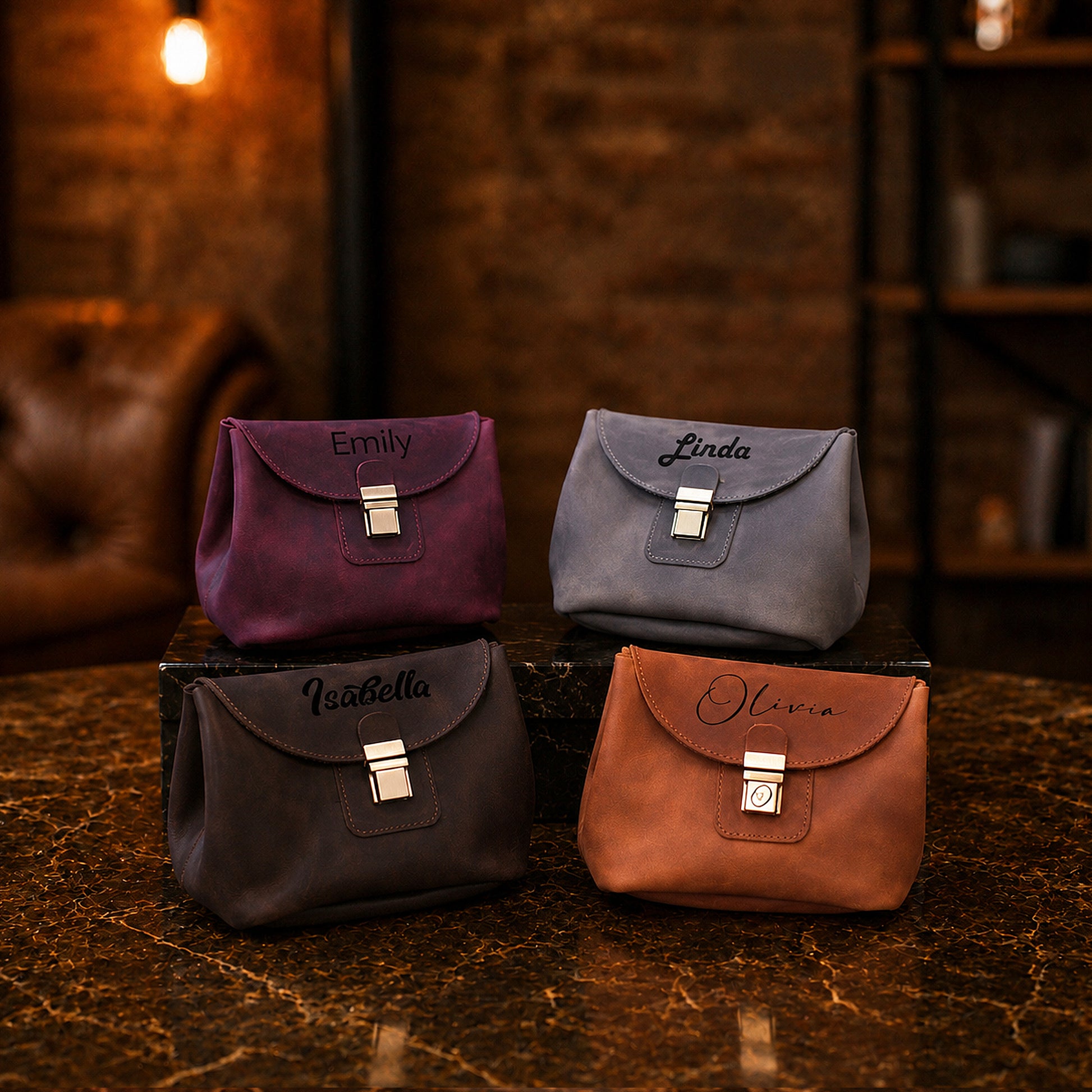 Person carrying personalized leather cosmetic bag, lifestyle editorial photo