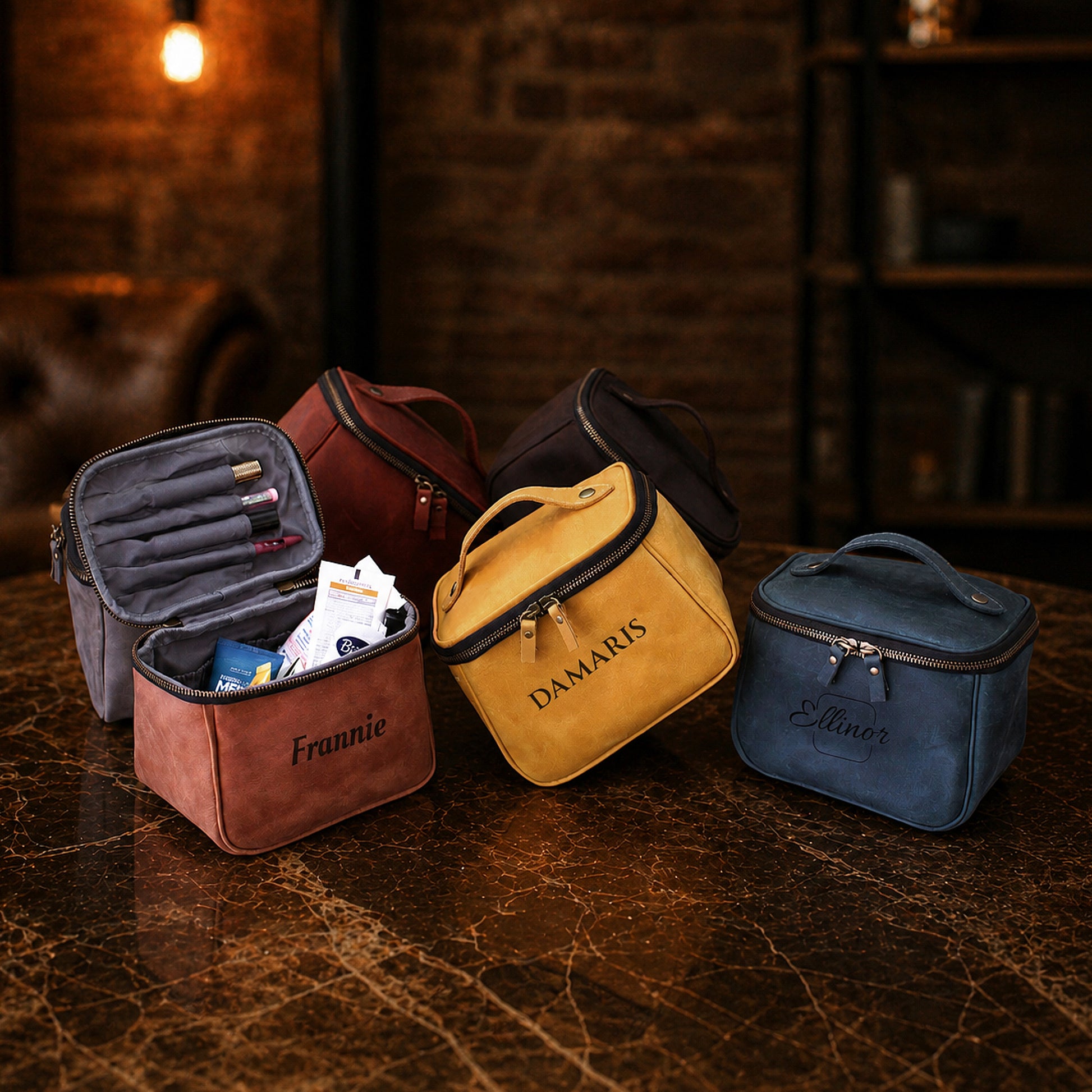 Leather travel organizer with custom stamp, warm brown tone