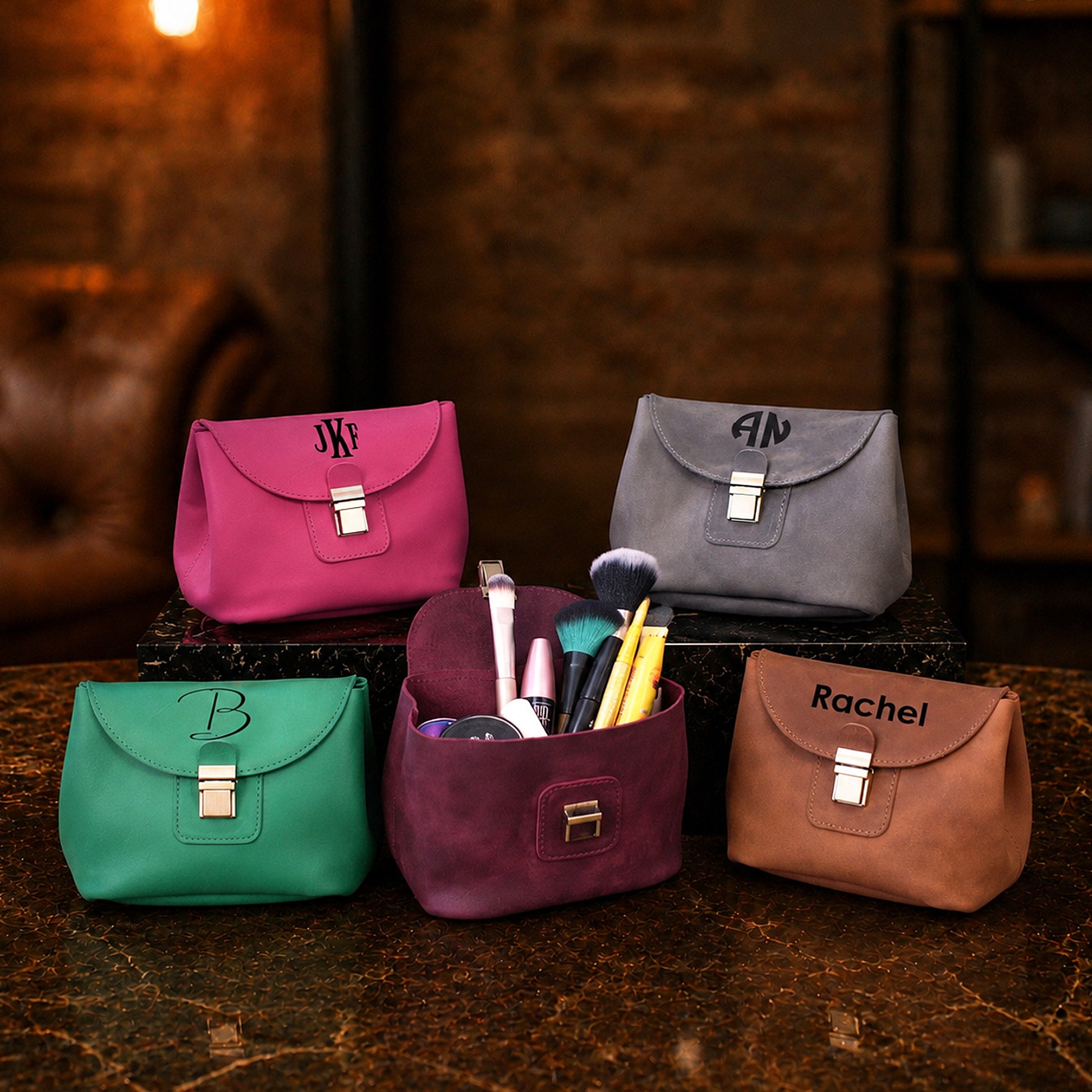 Leather cosmetic bag color options – brown and tan, handcrafted