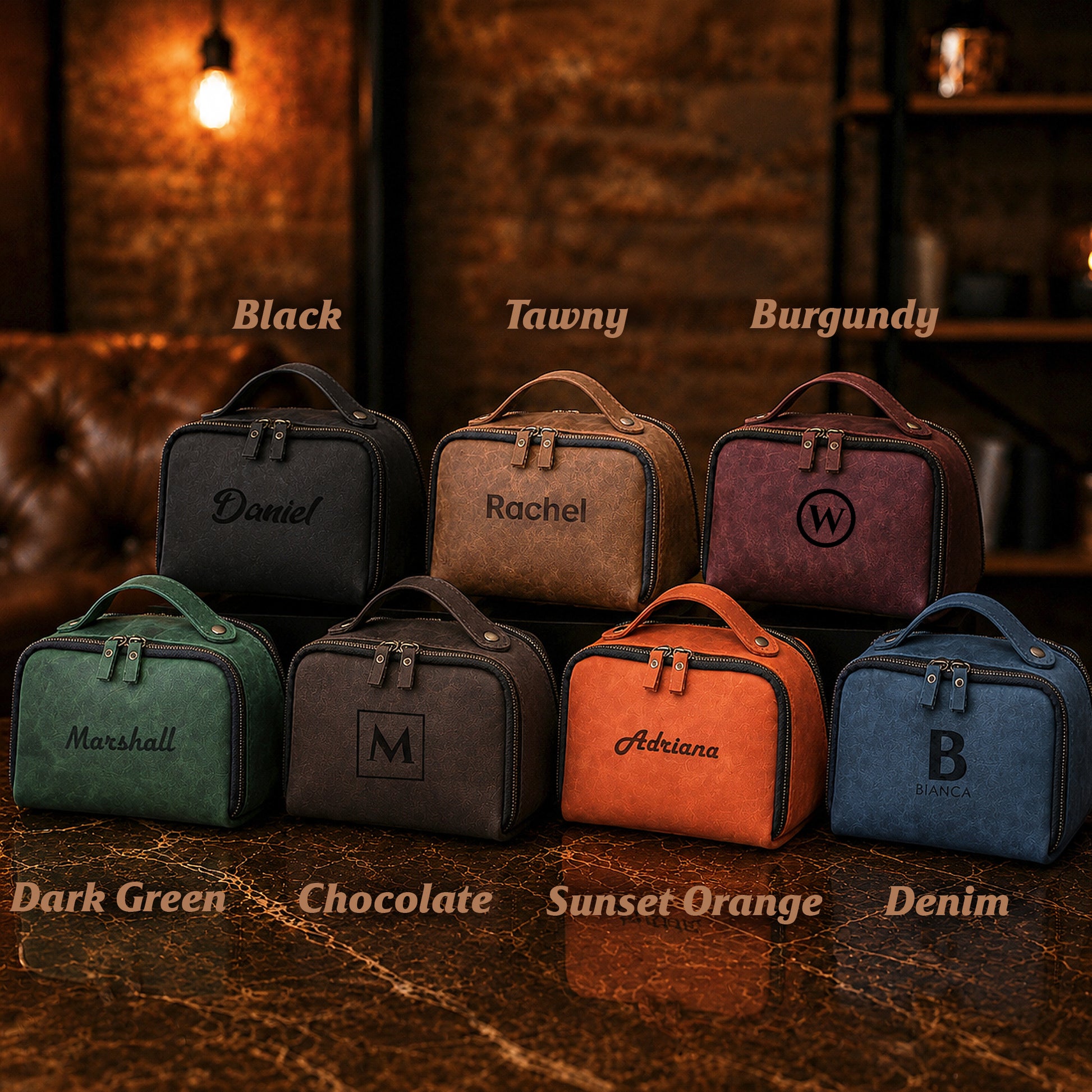 Collection of leather bags in various colors with names engraved on them, set against a rustic background.