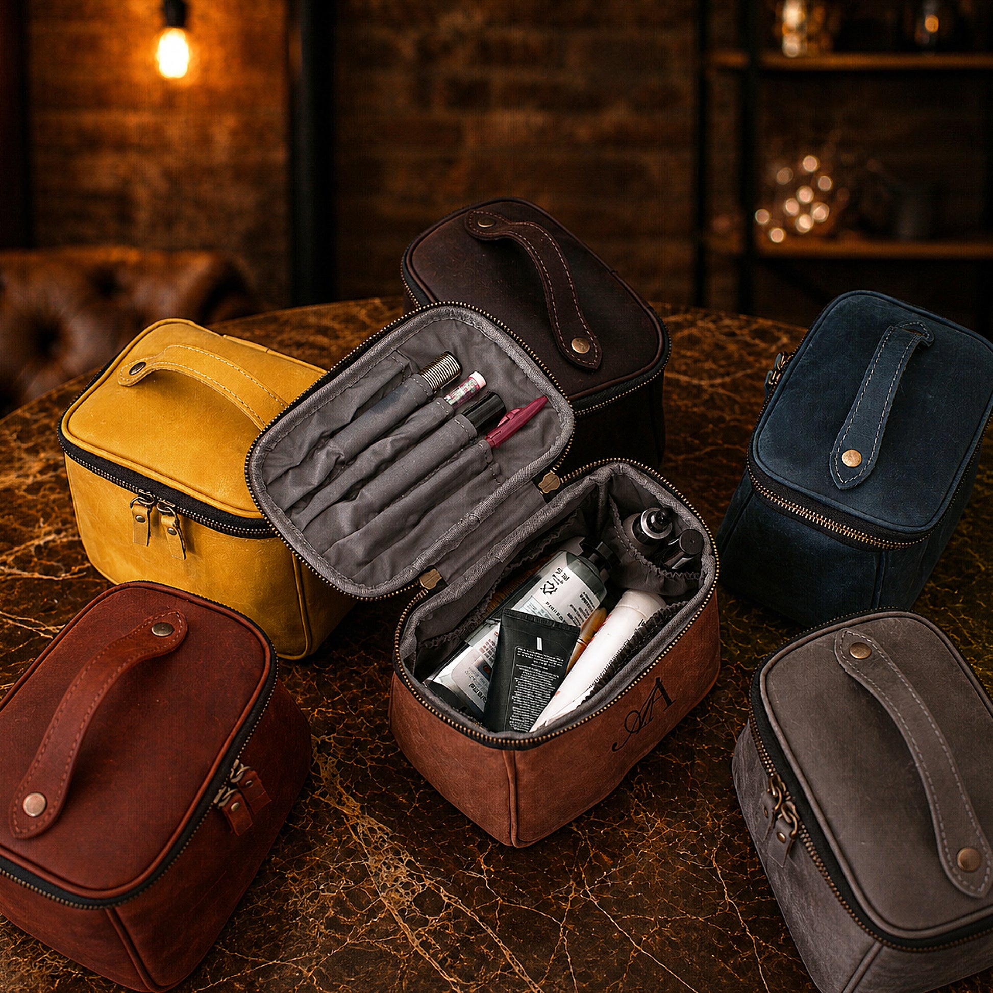 Leather toiletry bag color options – brown and tan, handcrafted