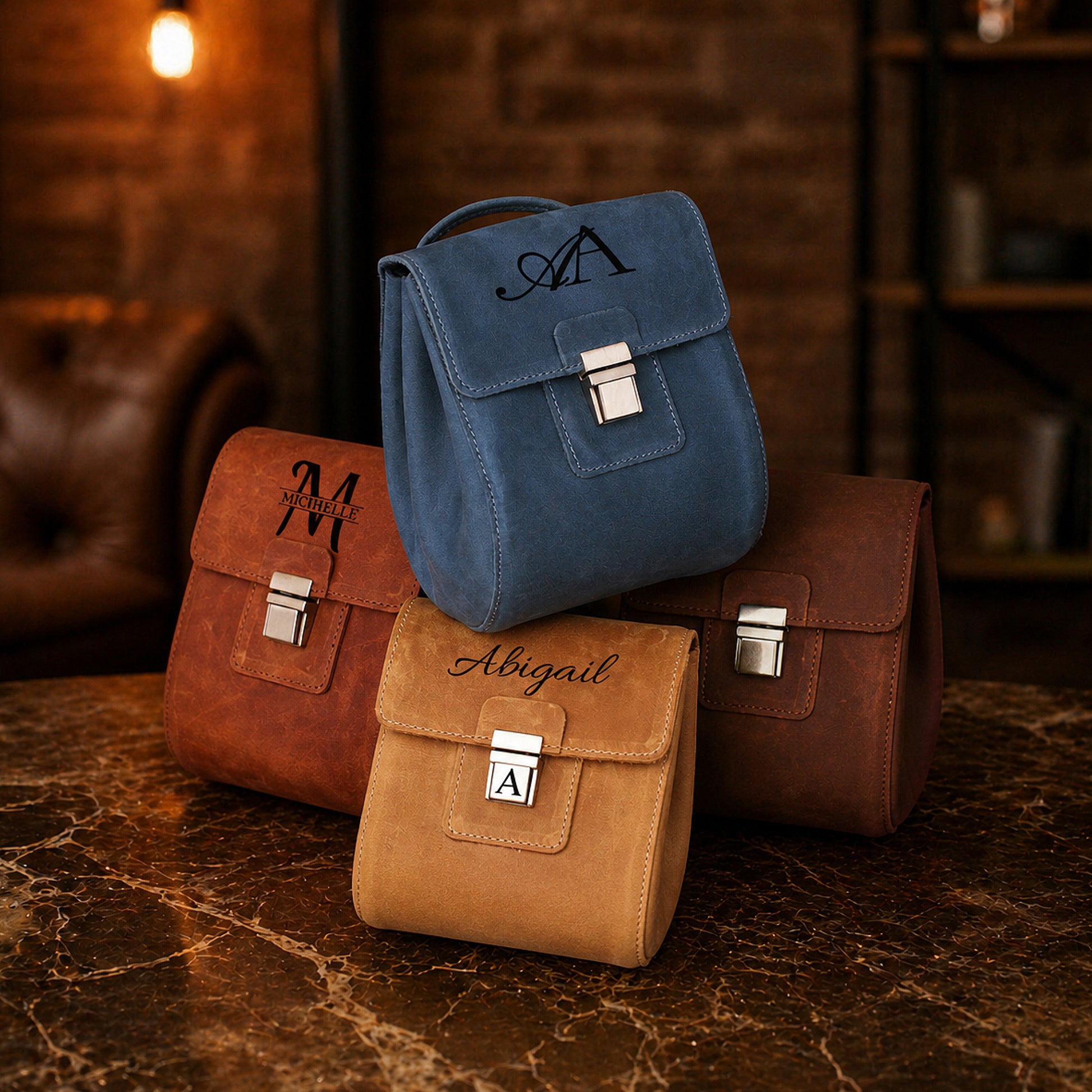 Leather cosmetic bag color options – brown and tan, handcrafted