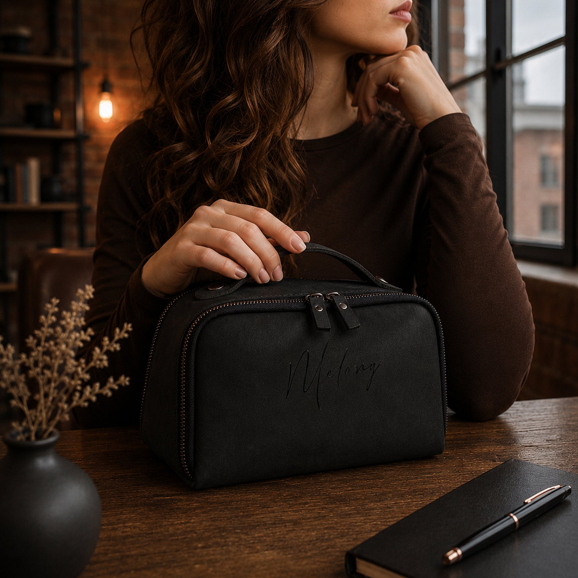 Collection of personalized leather dopp kits with engravings