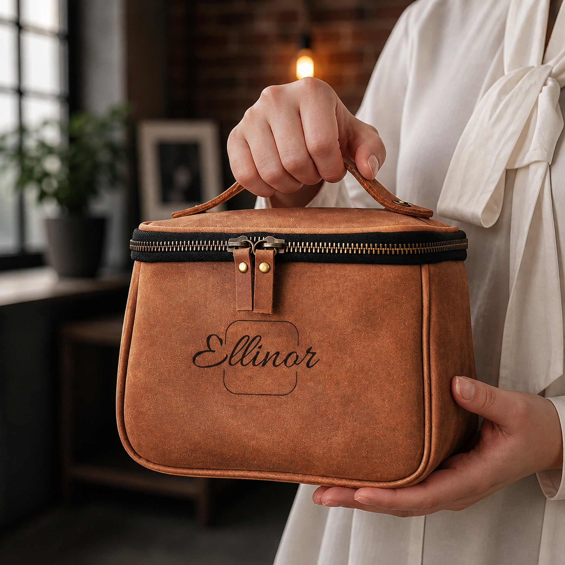 Minimalist leather toiletry bag with vertical design, handcrafted
