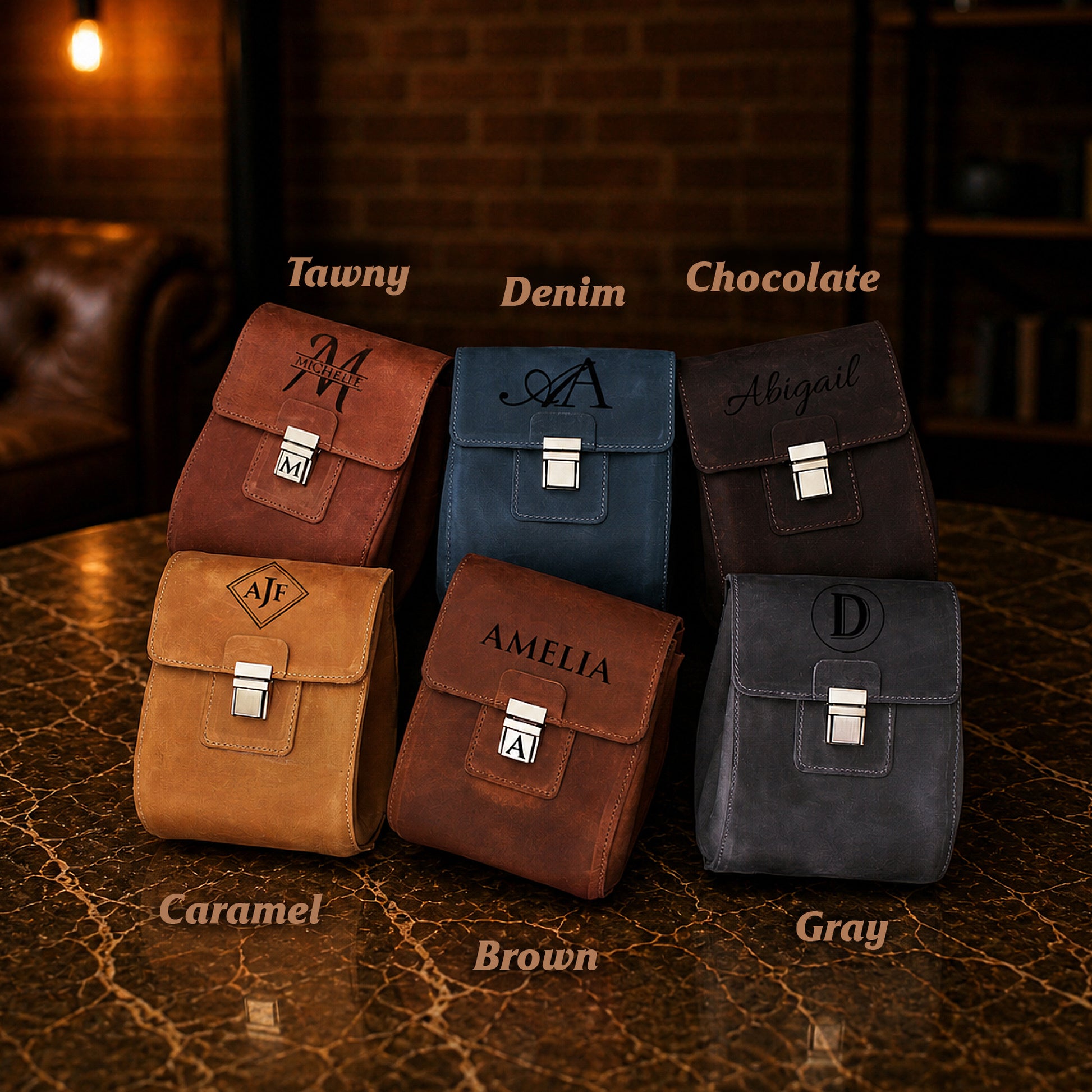 Leather dopp kit with custom stamp, minimalist asymmetrical design