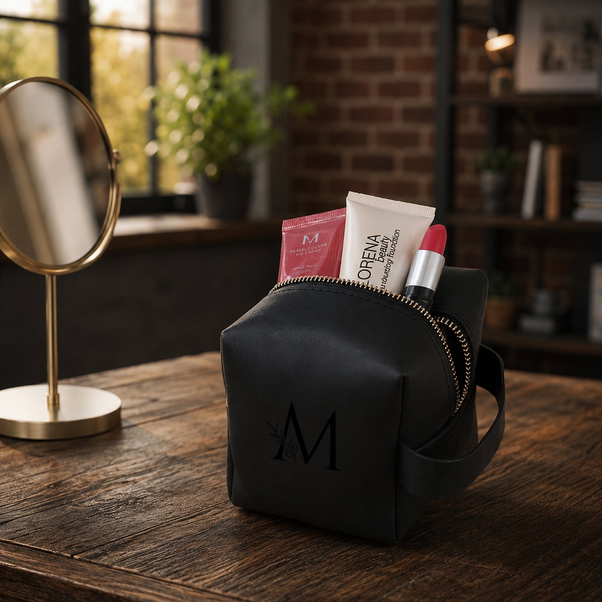 Black makeup bag with cosmetic items on a wooden table, with a mirror and plants in the background.