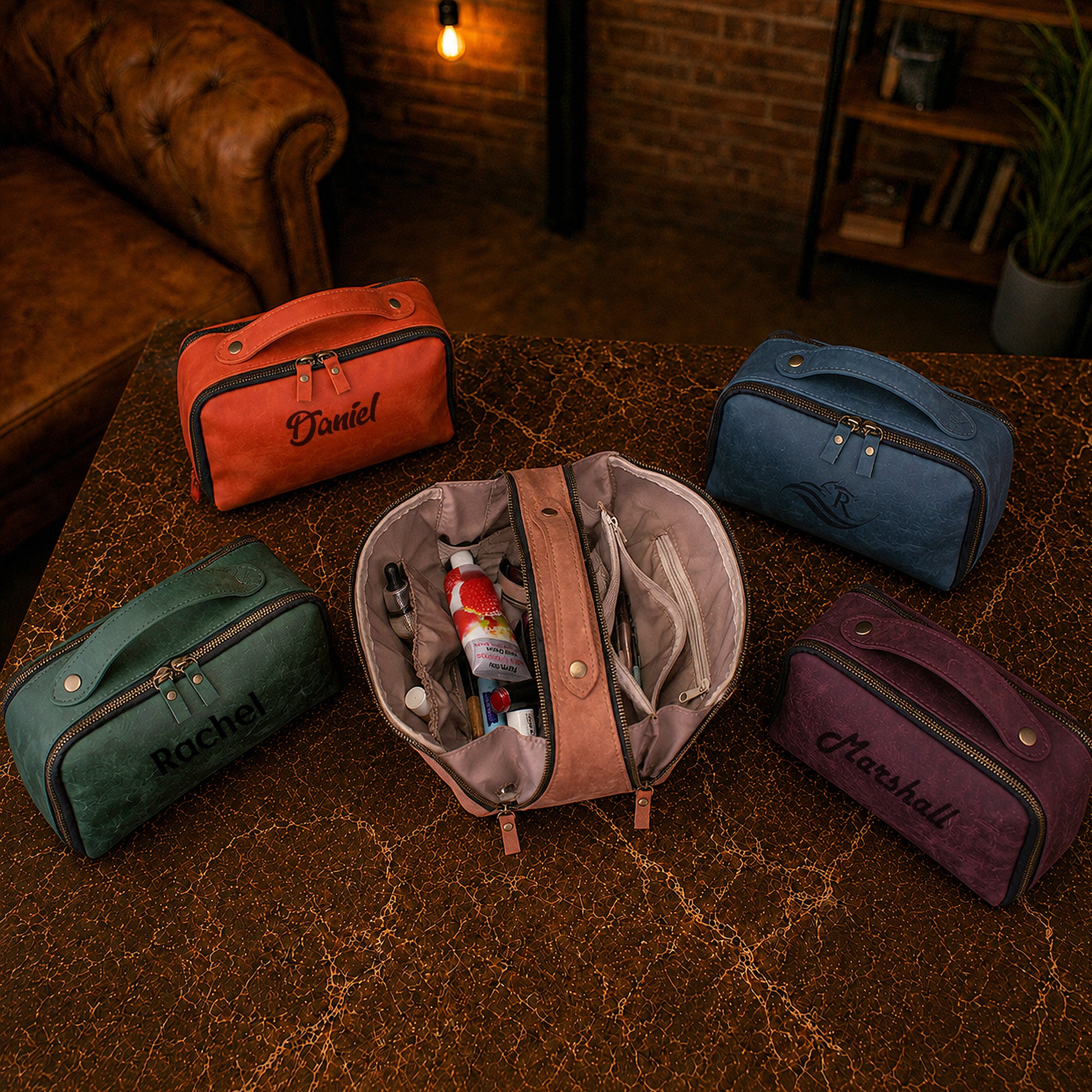 Leather dopp kit gift box with custom engraving, premium unboxing