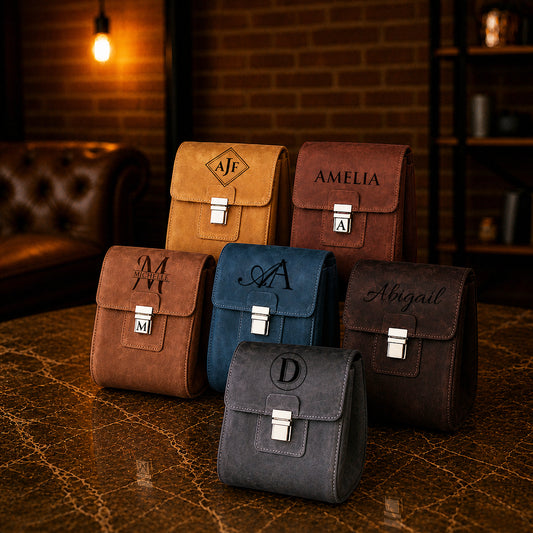 Personalized leather dopp kit with monogram, flat lay on dark surface