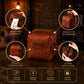 Brown cosmetic bag with 'Michelle' engraving, shown with features highlighted on a dark background.