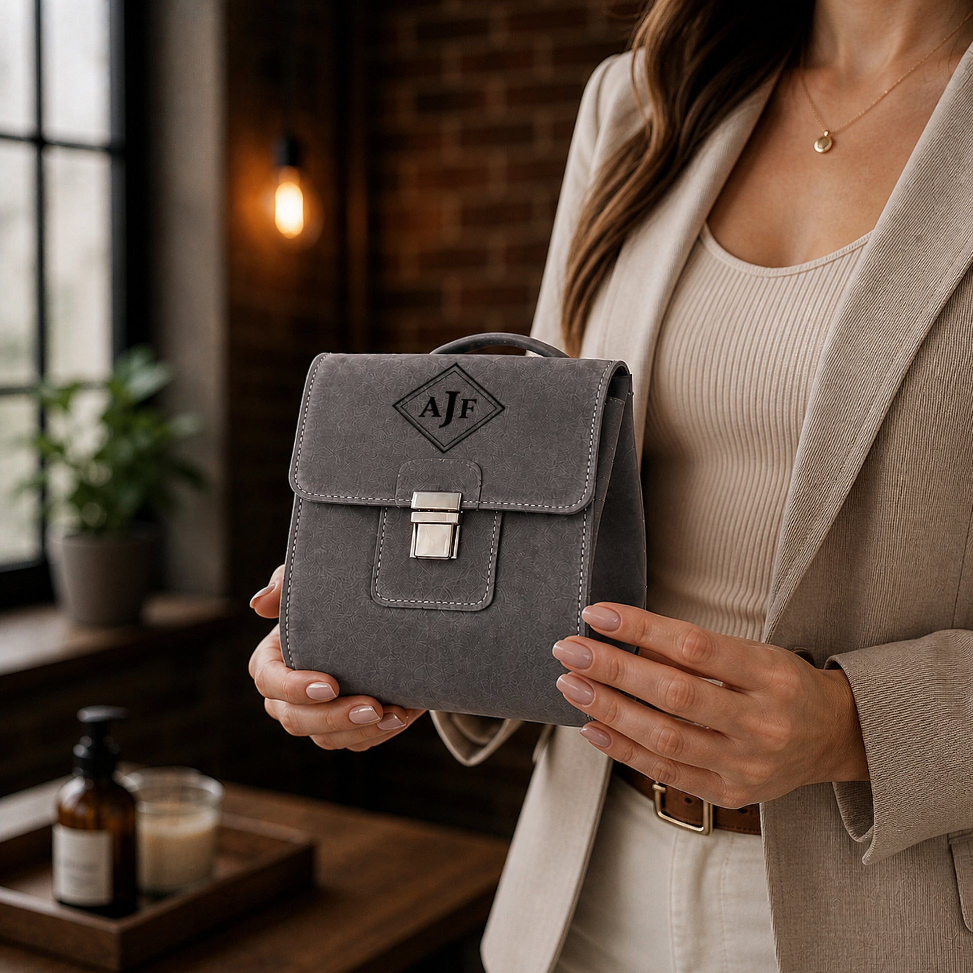 Collection of personalized leather cosmetic bags with engravings