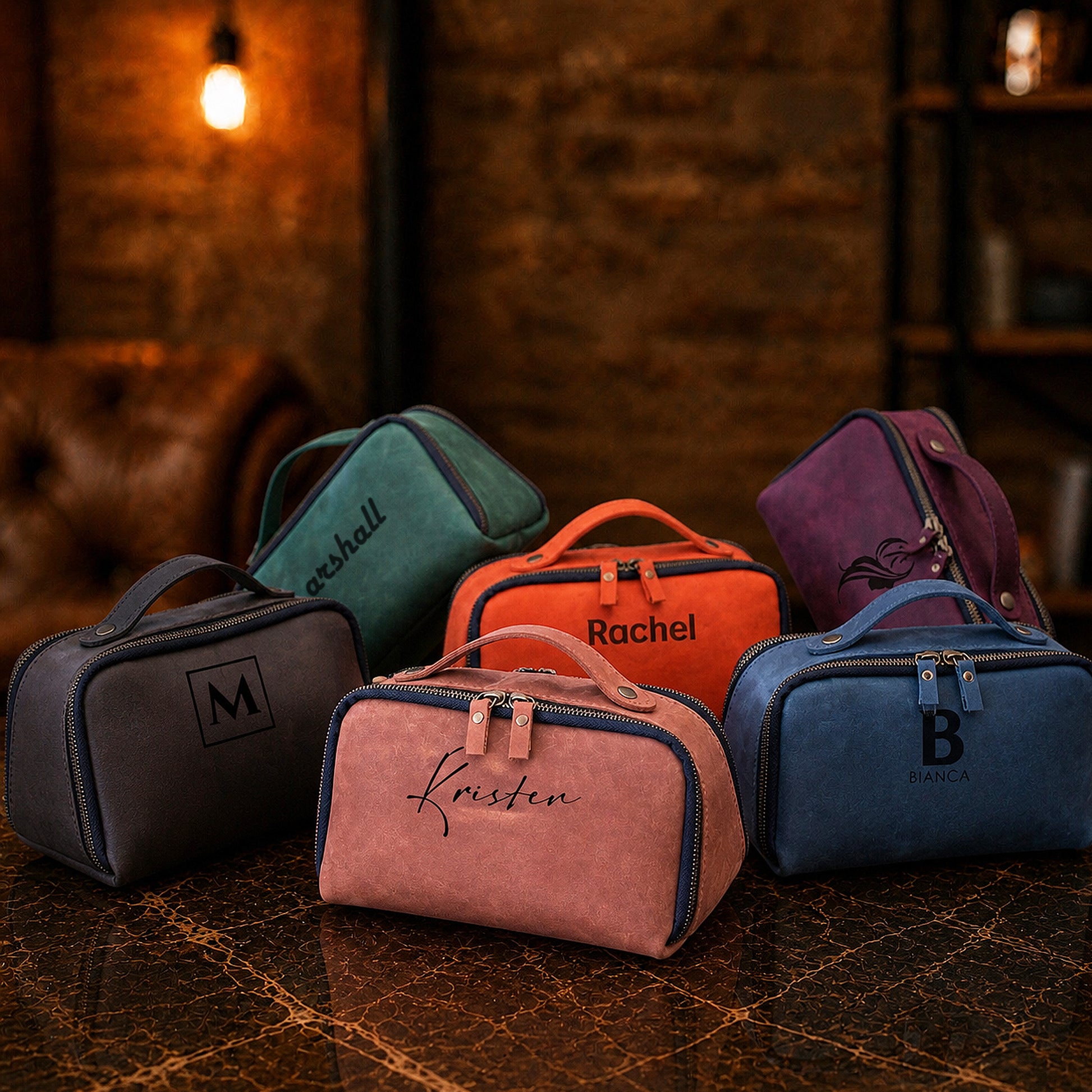 Brown leather dopp kit with custom monogram engraving, front view