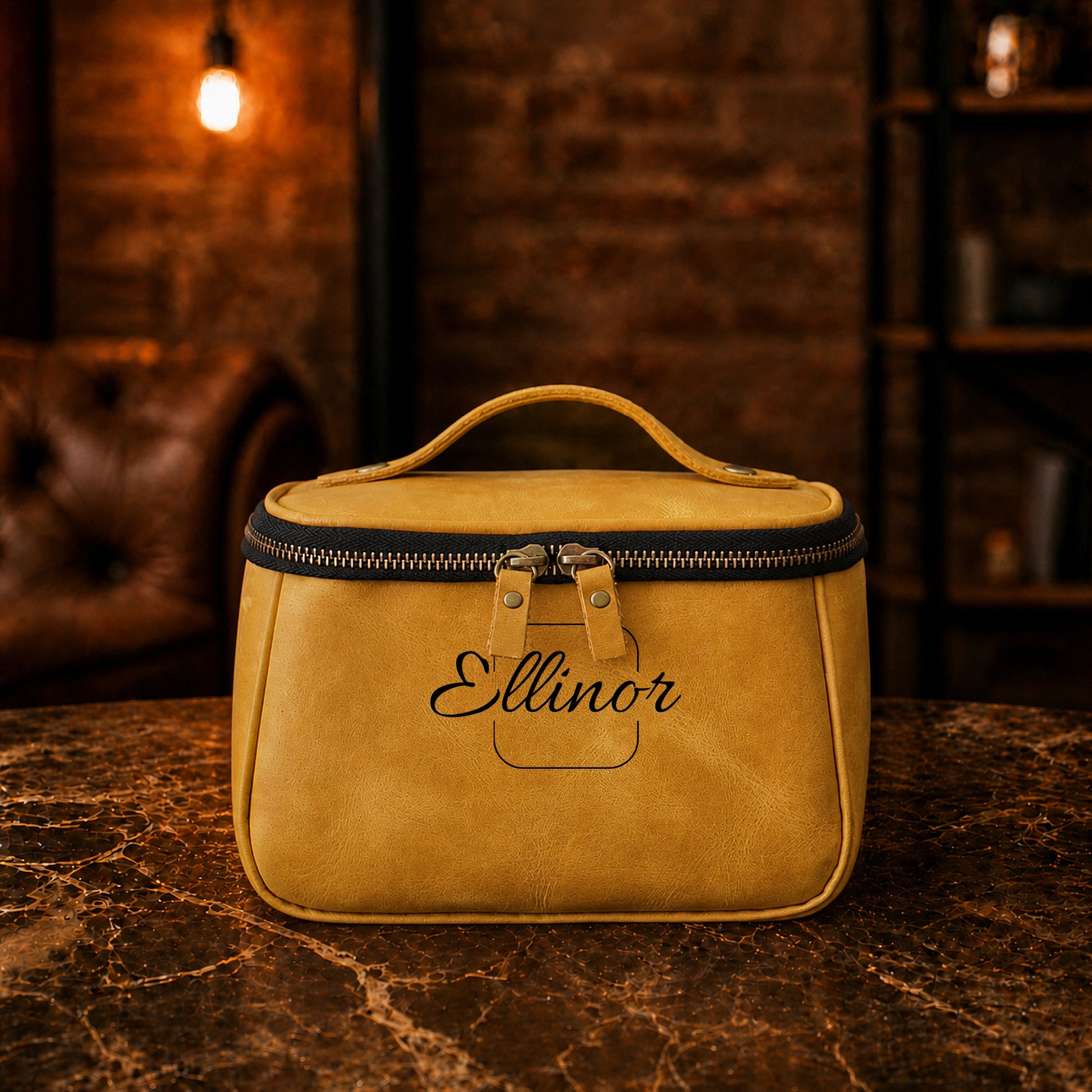 The Heritage personalized leather toiletry bag, side profile view
