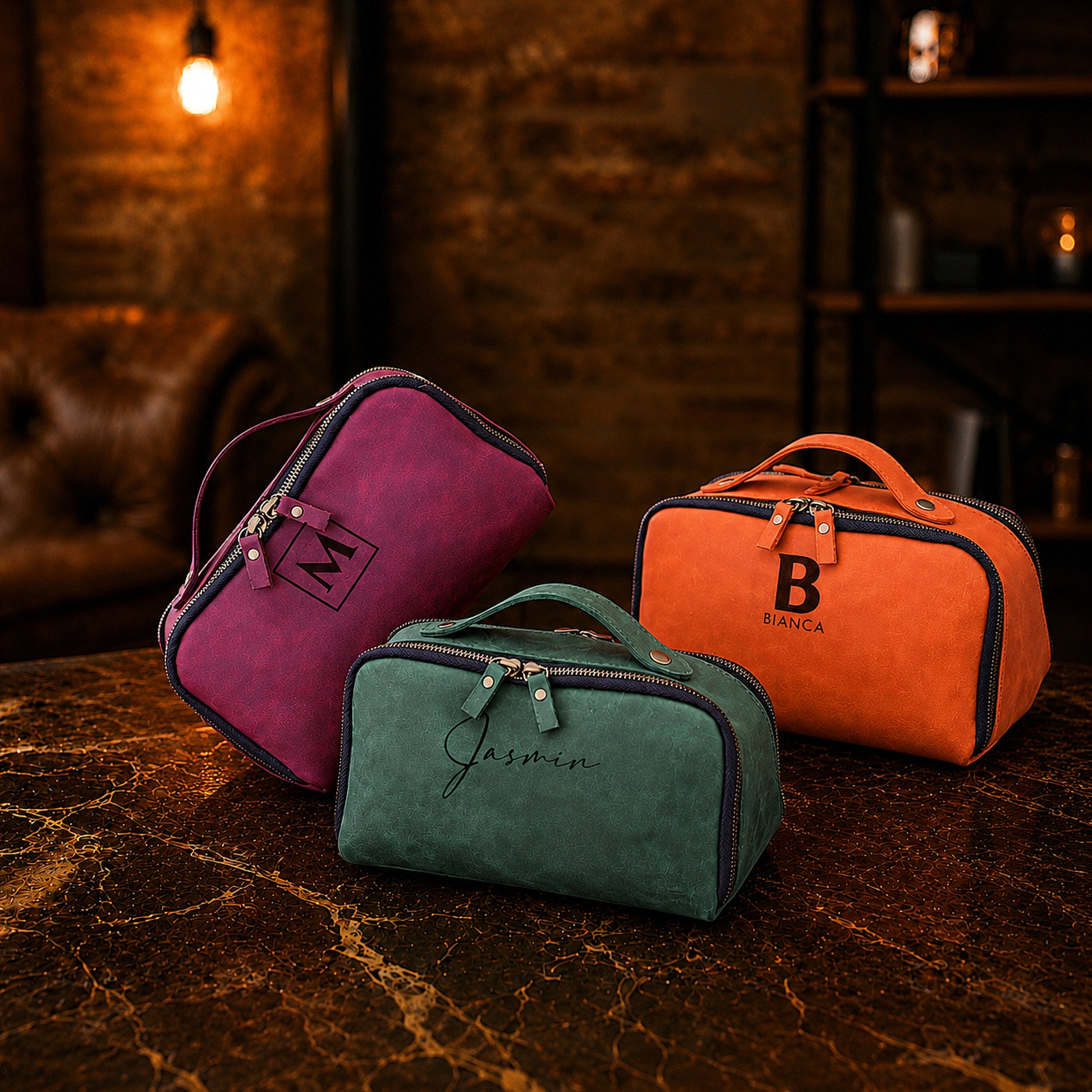 Minimalist leather toiletry bag with wide-opening design, handcrafted