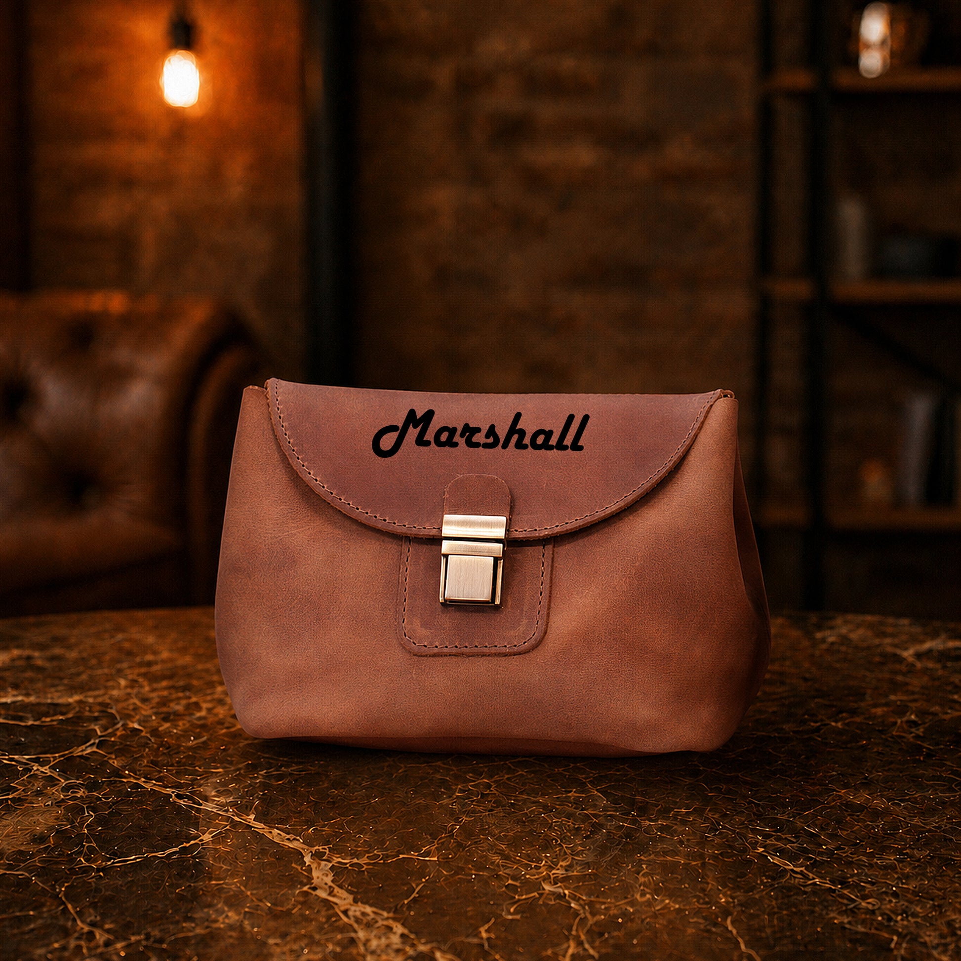 Minimalist leather cosmetic bag with structured design, handcrafted