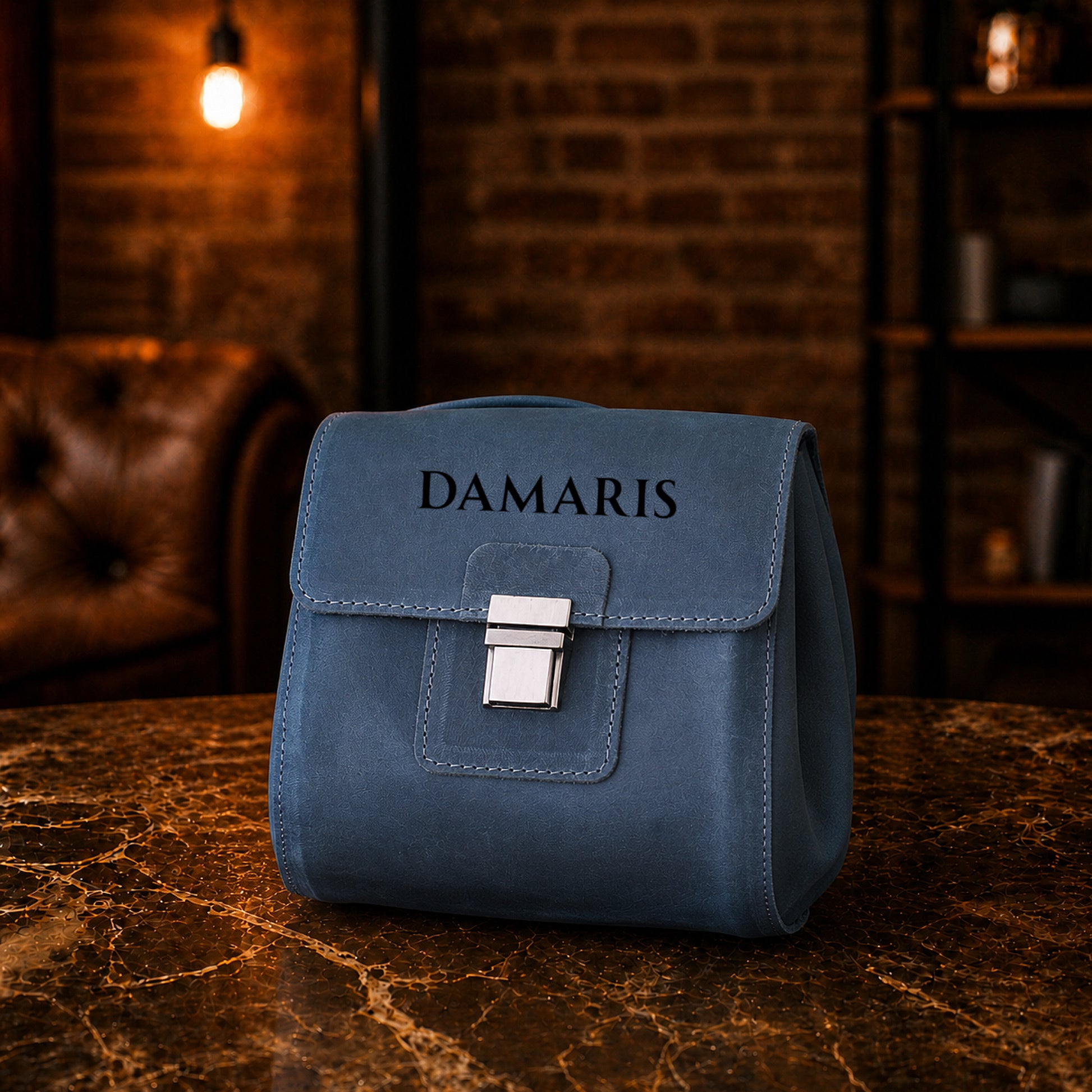 The Treasure Cube personalized leather dopp kit, side profile view