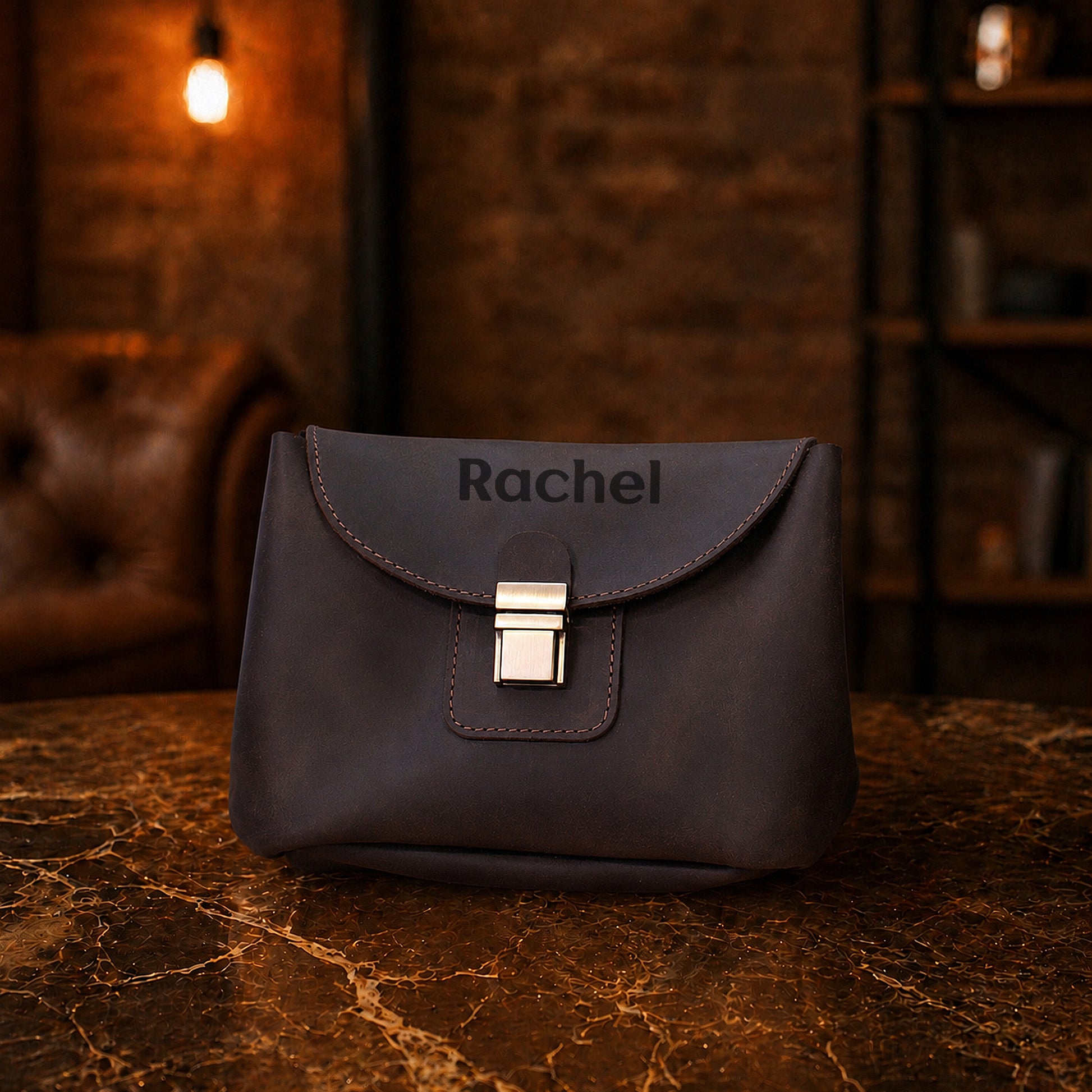 The Petite Luxe personalized leather vanity case, side profile view