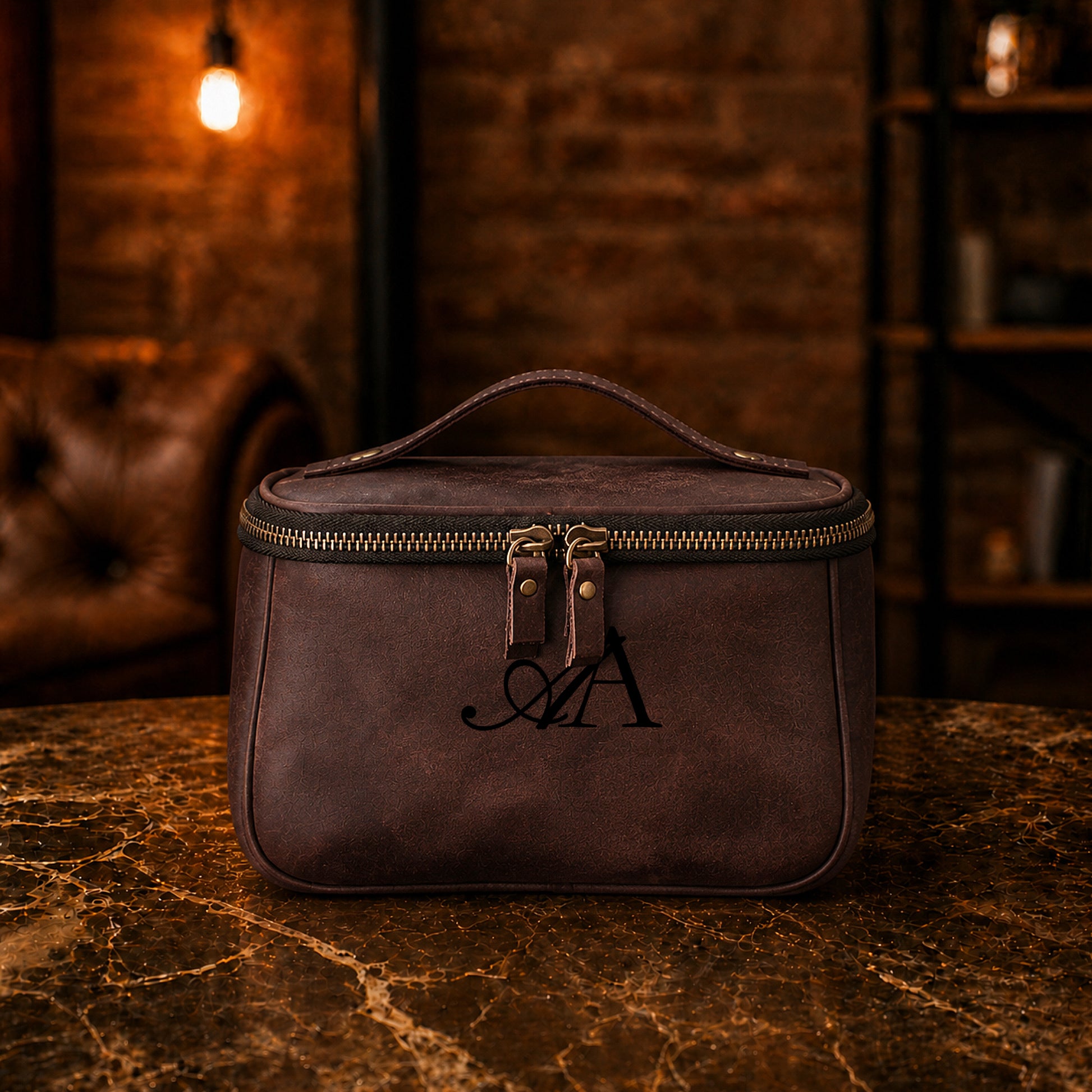 Premium leather travel bag with name stamp, warm earthy tone