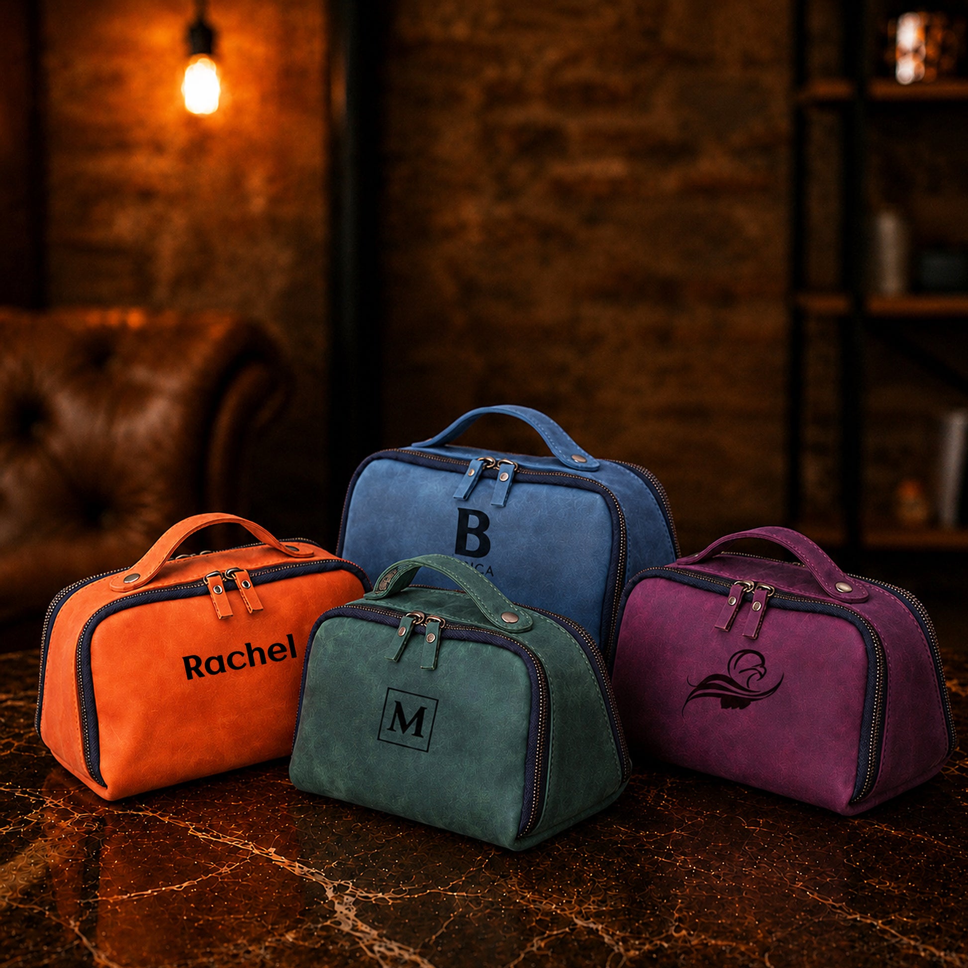 The Quartermaster personalized leather dopp kit, side profile view