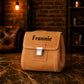 Premium leather cosmetic bag with name stamp, warm earthy tone