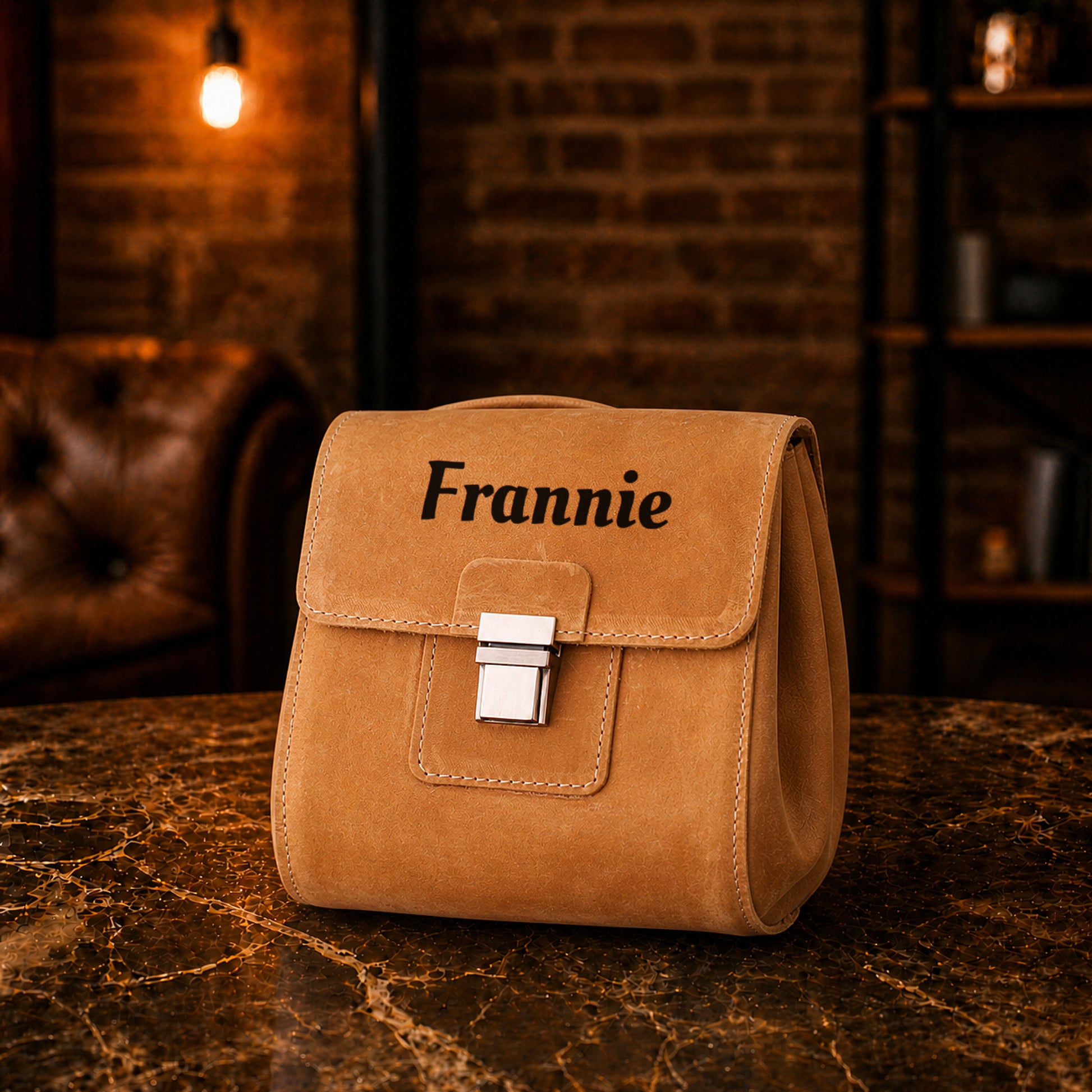 Premium leather cosmetic bag with name stamp, warm earthy tone
