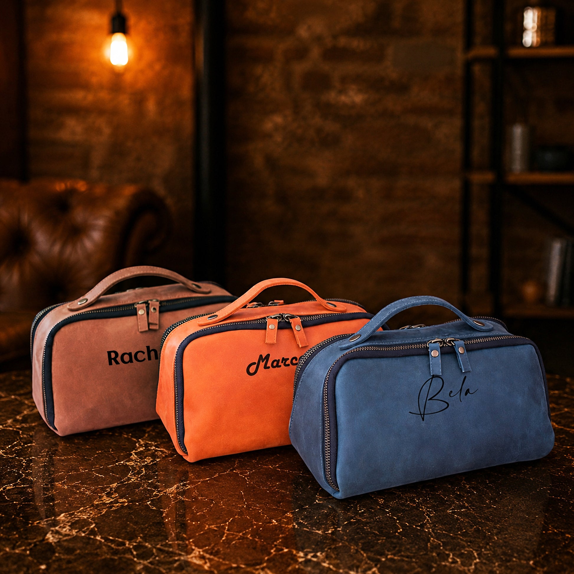 Premium leather dopp kit with name stamp, warm earthy tone